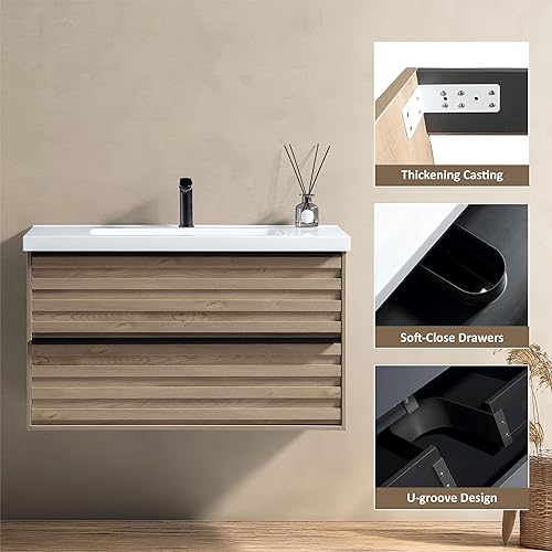 Miniatura 6 de JINDOLI Tocador de baño de 36 pulgadas con fregadero, moderno tocador de baño con 2 cajones extra grandes, juego de gabinetes de baño flotantes