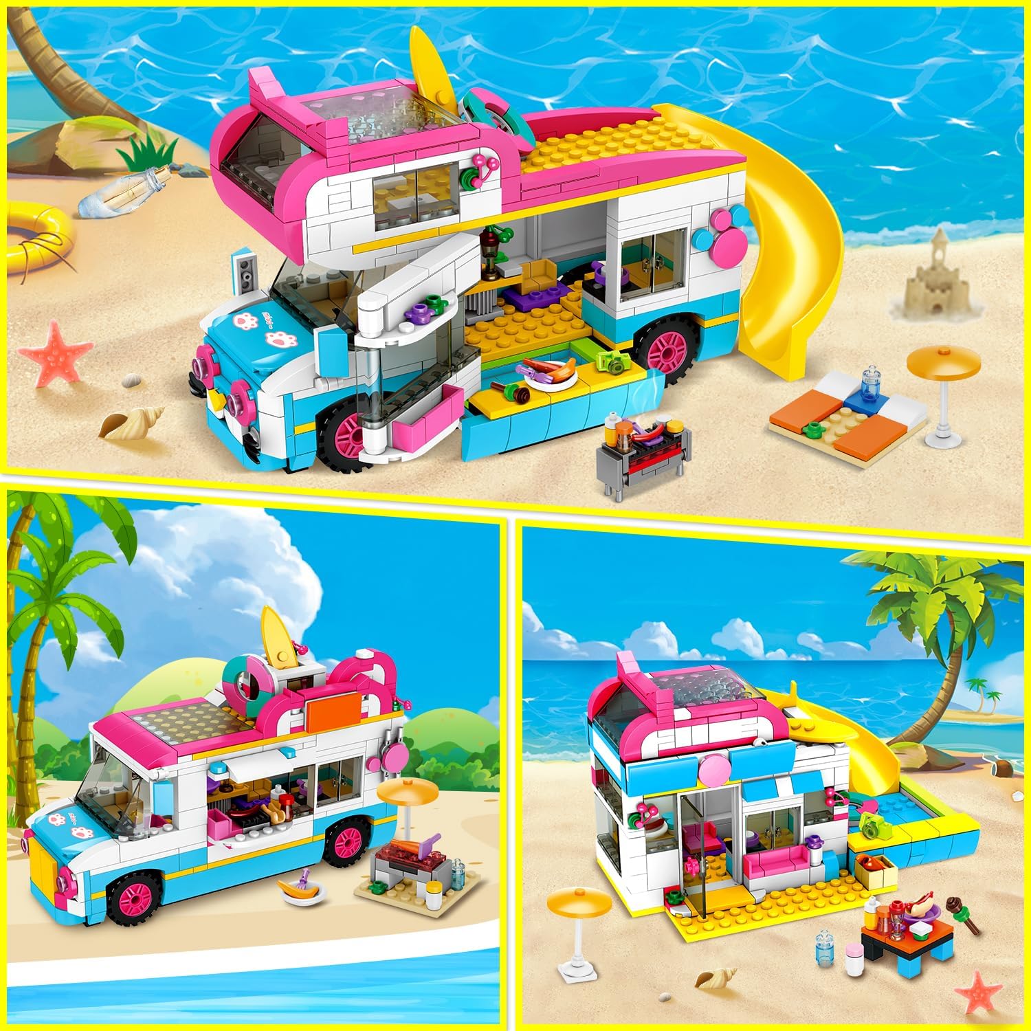 HOGOKIDS 3-in-1 Girls Camper Van Building Set - 494PCS Summer Beach Camping Building Blocks Sets | Food Truck Toys with Slide and Stickers | Easter Gifts for Girls Boys Age 6 7 8 9 10 11 12+