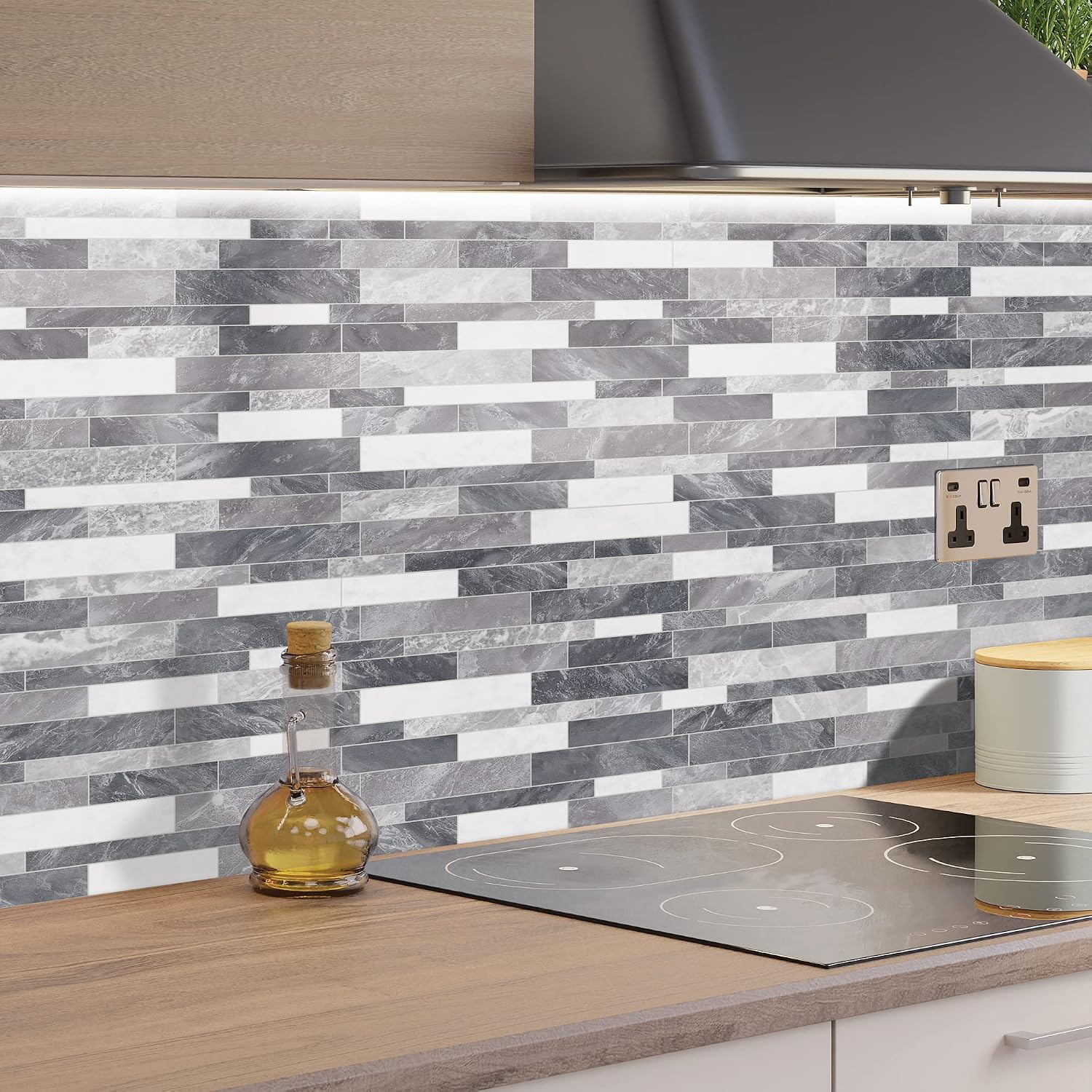 SUNWINGS 10-Sheet Peel and Stick Backsplash Stone Composite Self Adhesive Tiles, 11.1" x 11.3" Grey White Mixed Embellished Stripes Brick Stick on Backsplash for Kitchen, Bathroom, Fireplace