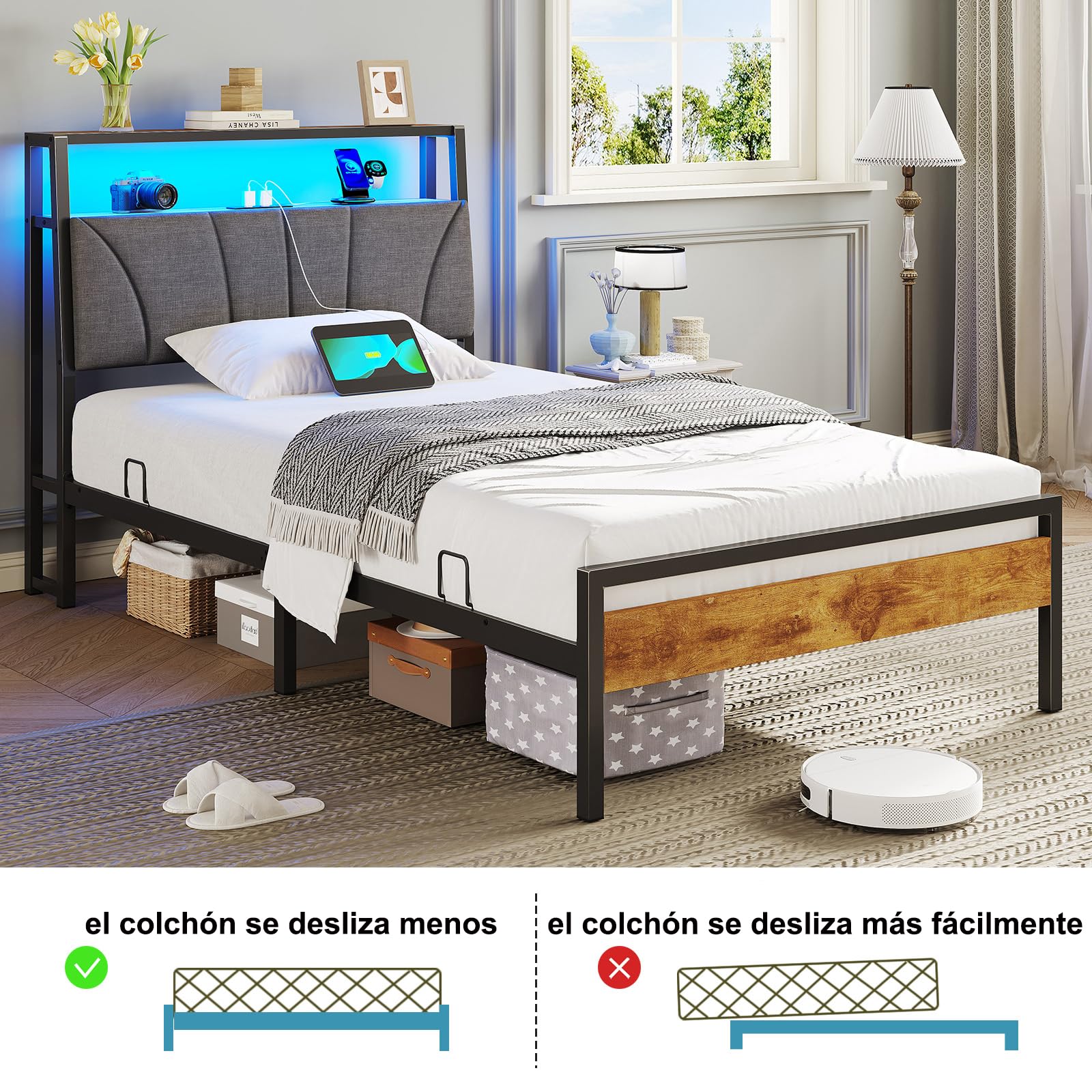 Brinlawb Cama 90x200 cm con regleta de enchufes integrada (2 Tomas de Corriente AC y 2 Puertos USB) Tira de luz LED, Somier 90 x 200 cm, Cama Individual con Estructura de Metal y cabecero. Gris