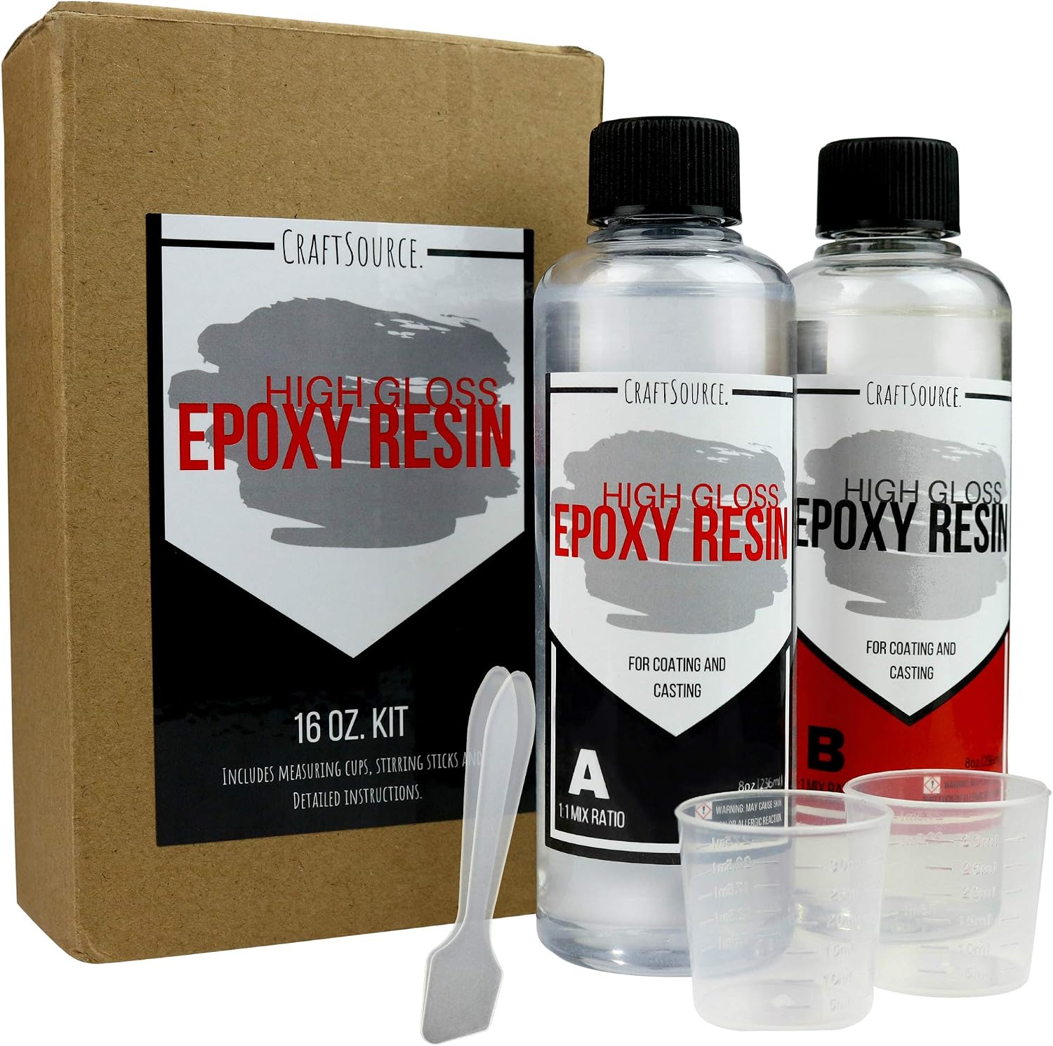 Epoxy Resin Crystal Clear Kit for Art, Coating, Casting, Painting, Jewelry, and Molds - 16oz with CUPS AND STIR STICKS