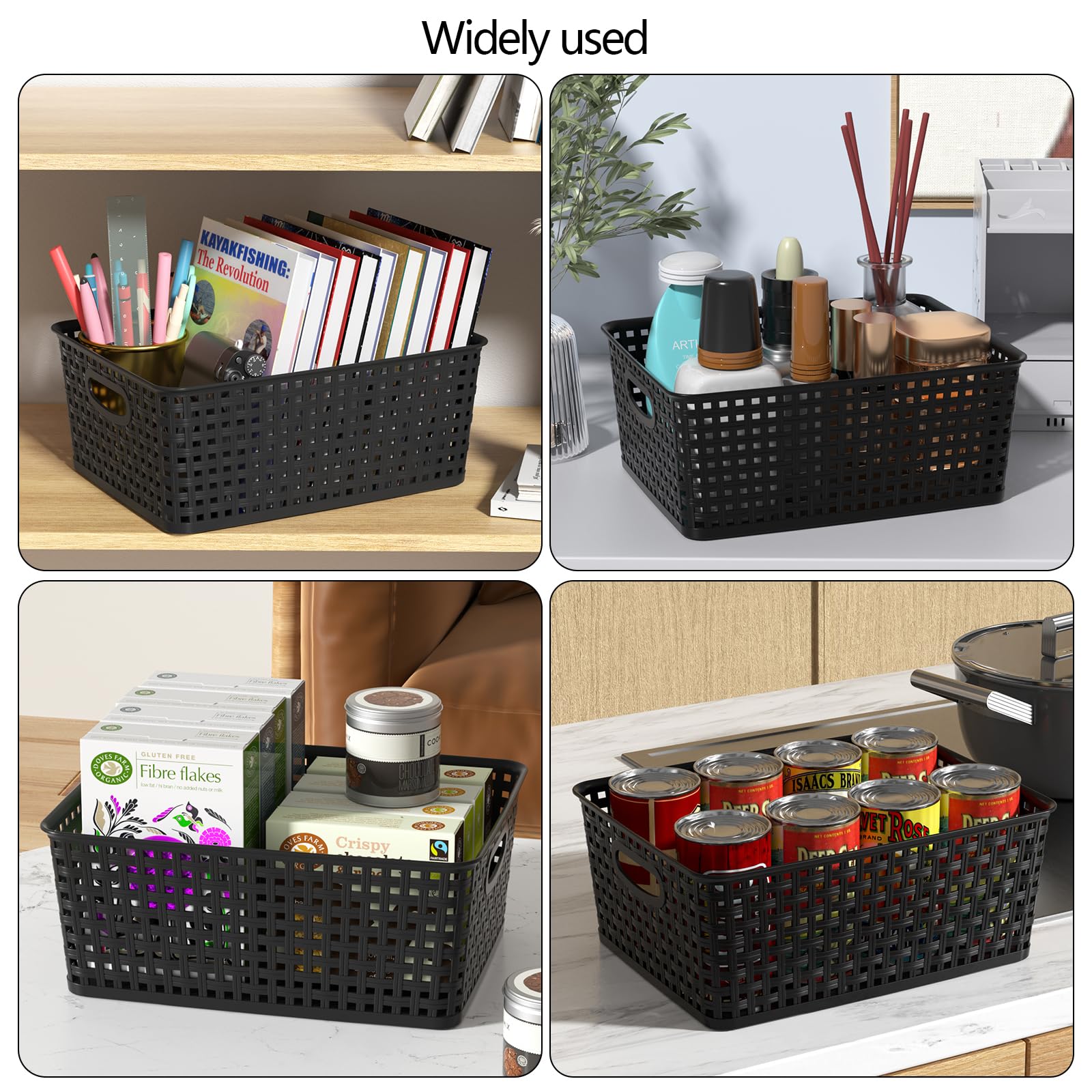 Confezione da 4 cestini portaoggetti in plastica intrecciata, misura media, colore nero