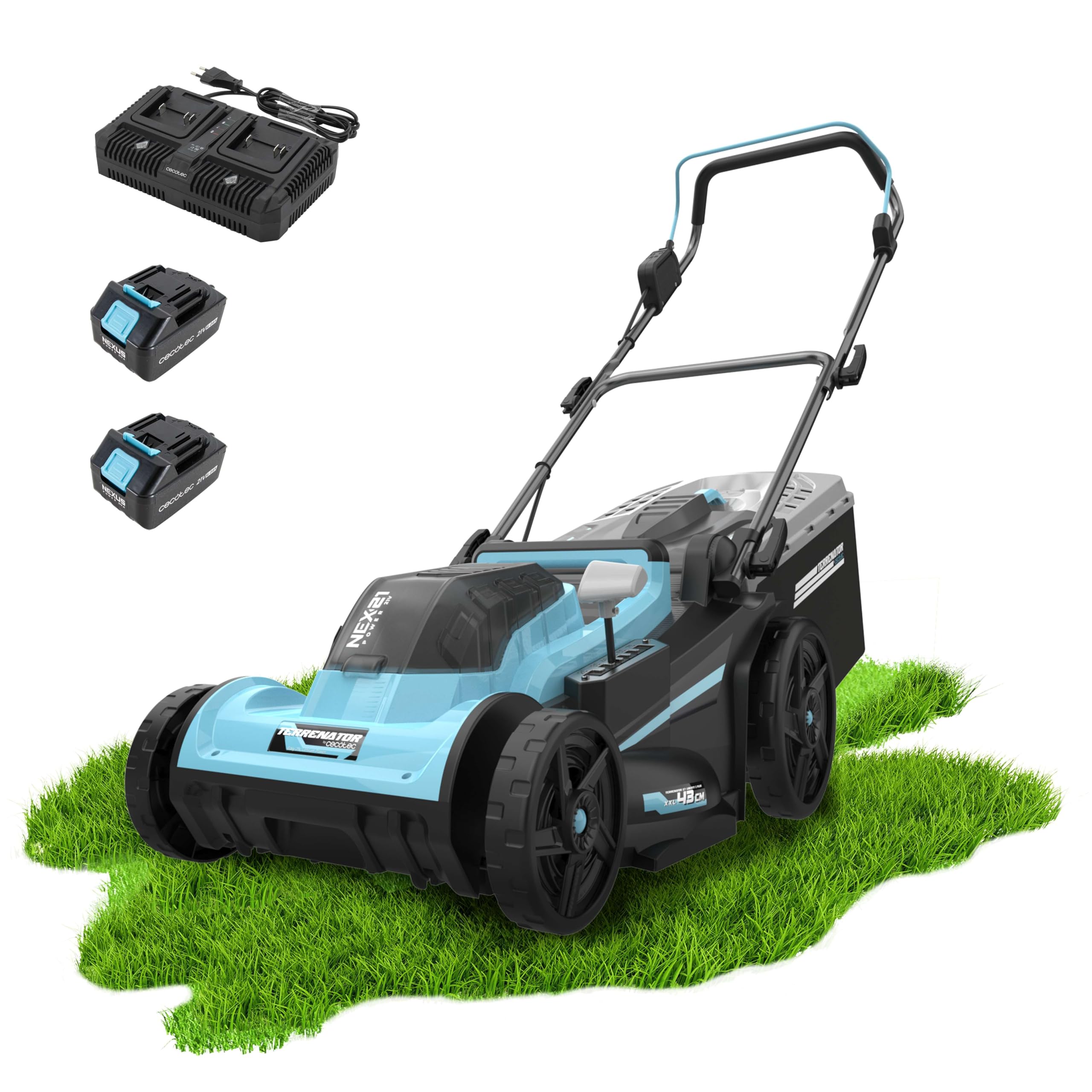 Cecotec Terrenator kosiarka akumulatorowa E7 Liberty Z Plus. Bezszczotkowy silnik bezszczotkowy, działa 2 baterie 21 V 4 Ah, zmiana wysokości systemu Z-Tech, szerokość 43 cm, 3w1 mulczowanie tylnych