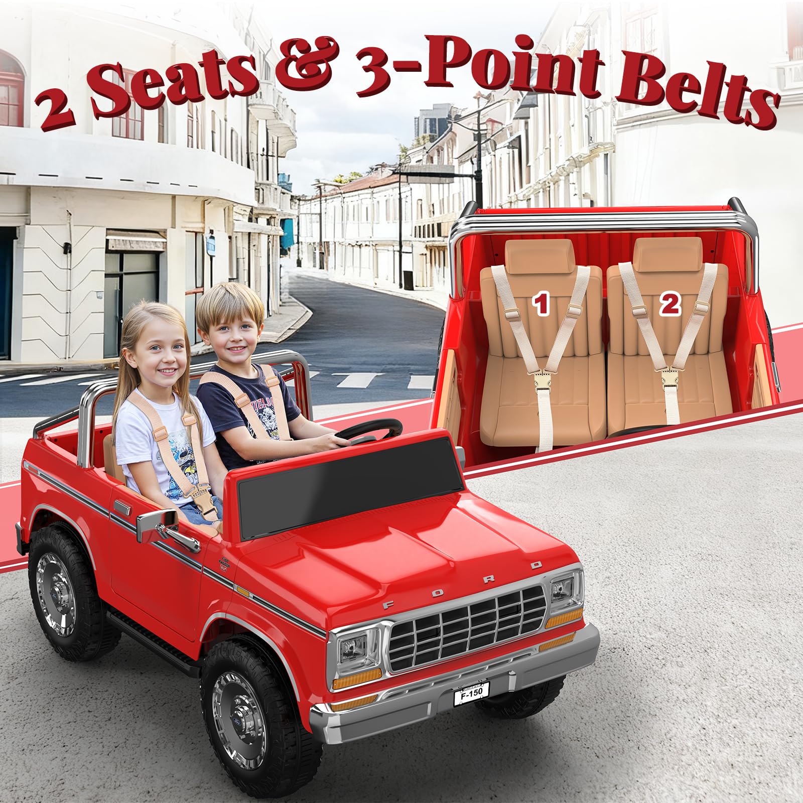 ANPABO Licensed Ford F-150 24V 2 Seater Ride on Car for Kids, 4x100W Motors Electric Car for Boys & Girls with Remote Control, Retro Style, 3-Speeds, Large Storage Box, Music Player, Aged 3-8, Red - 5