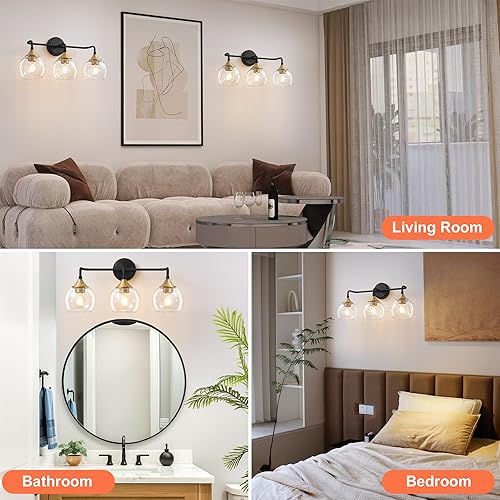 Miniatura 8 de Lámparas de baño de 3 luces con pantalla de vidrio transparente, accesorios de iluminación de tocador de 22 pulgadas sobre el espejo, lámparas de