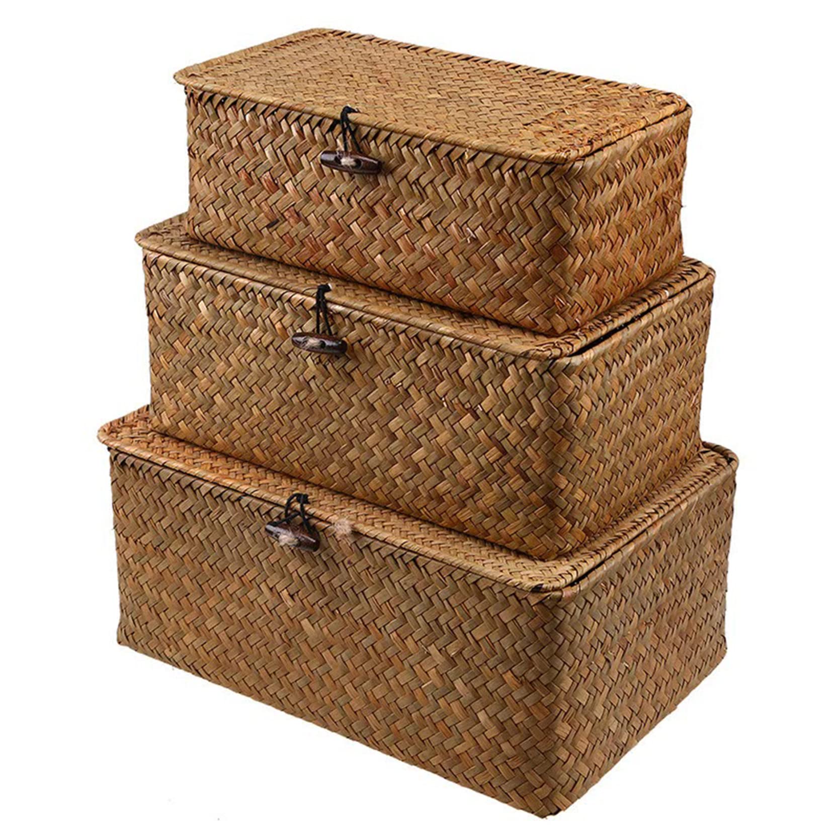 Anawakia Rattan Seagrass Storage Basket with Lid Natural Material Decorative Boxes Seagrass Basket for Desktop Makeup Organiser Living Room Toys Books (S M L)