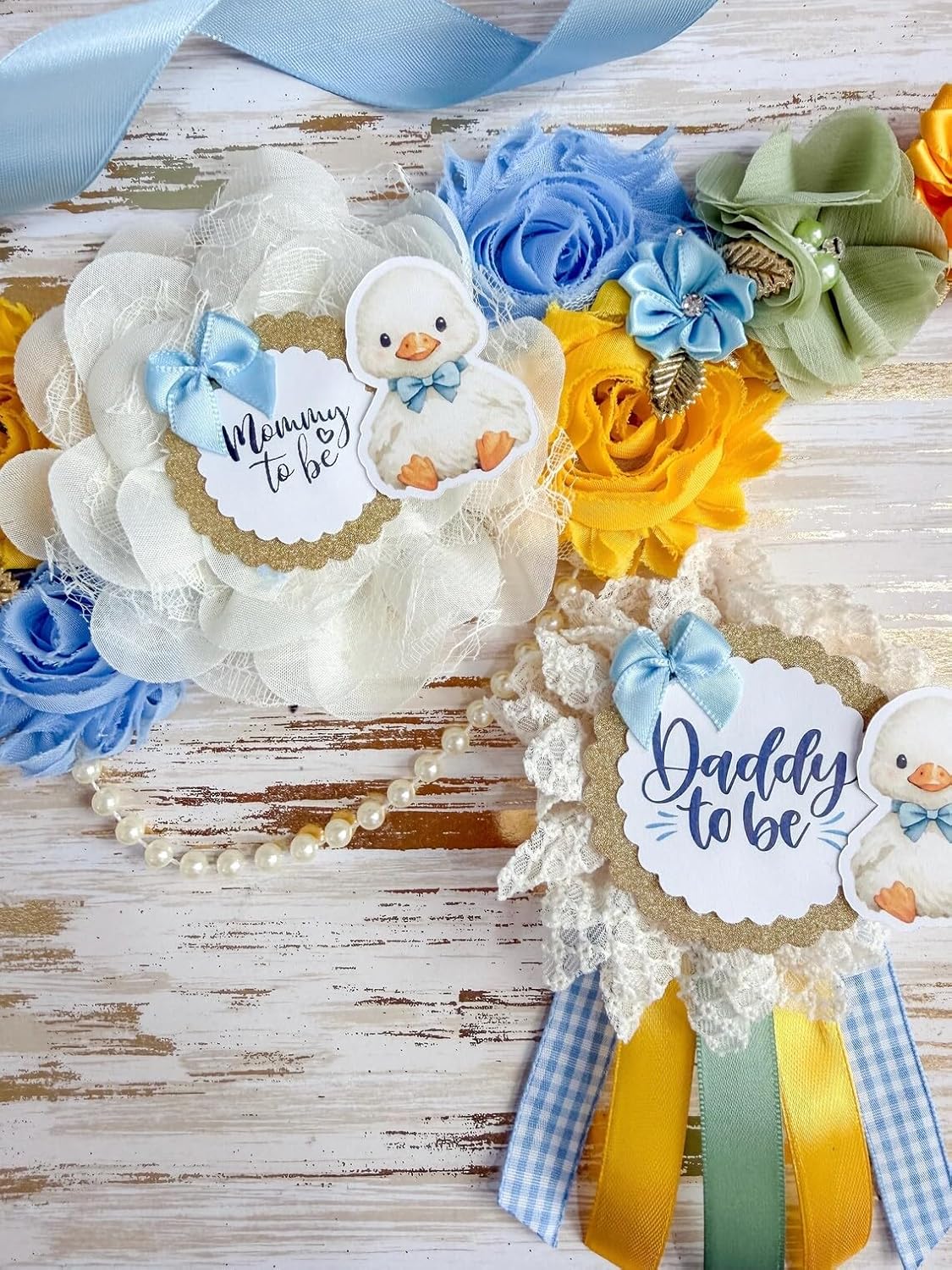 Baby Goose Duck Shower Mommy To Be Sash & Daddy To Be Pin – Baby Shower Decorations, Pastel Maternity Corsage Set, Gender Reveal Party Keepsake