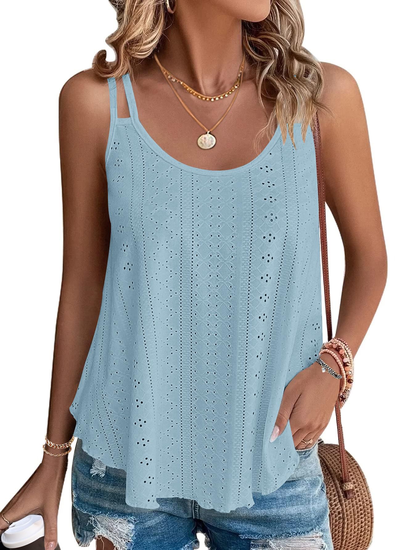 WNEEDU Damen Tank Tops Sommer Spaghetti Cami Oberteile Ärmellose Rundhalsausschnitt Blusen Top Shirts