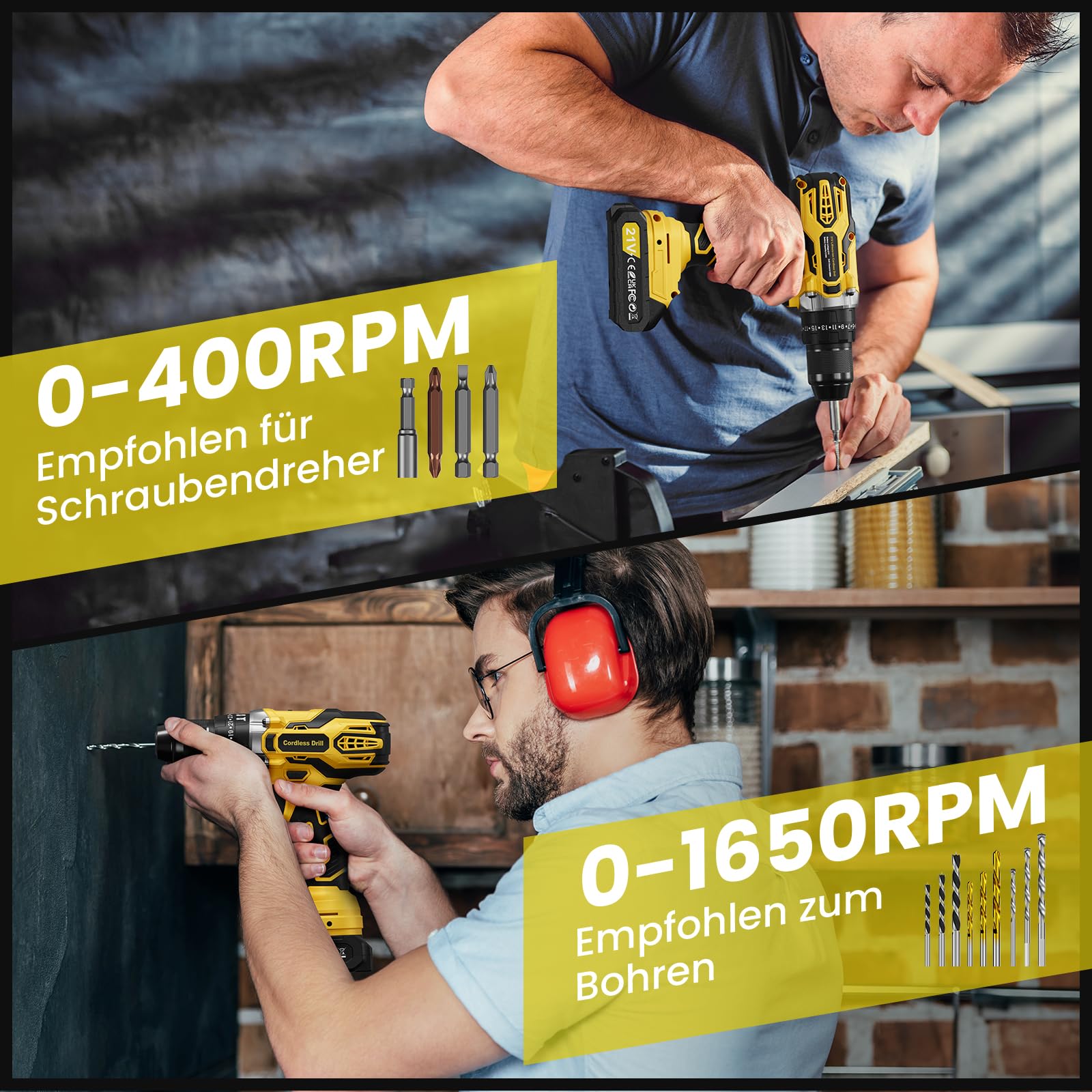 Akkuschrauber, 21V Akku Schlagbohrschrauber mit 2 Akkus 2,0Ah, 25+3 Stufen, 2 Gang, 10mm Metallbohrfutter, 29tlg Zubehör, 45Nm Akkubohrer Bohrmaschine Schlagbohrmaschine für Reparatur DIY Geschenke