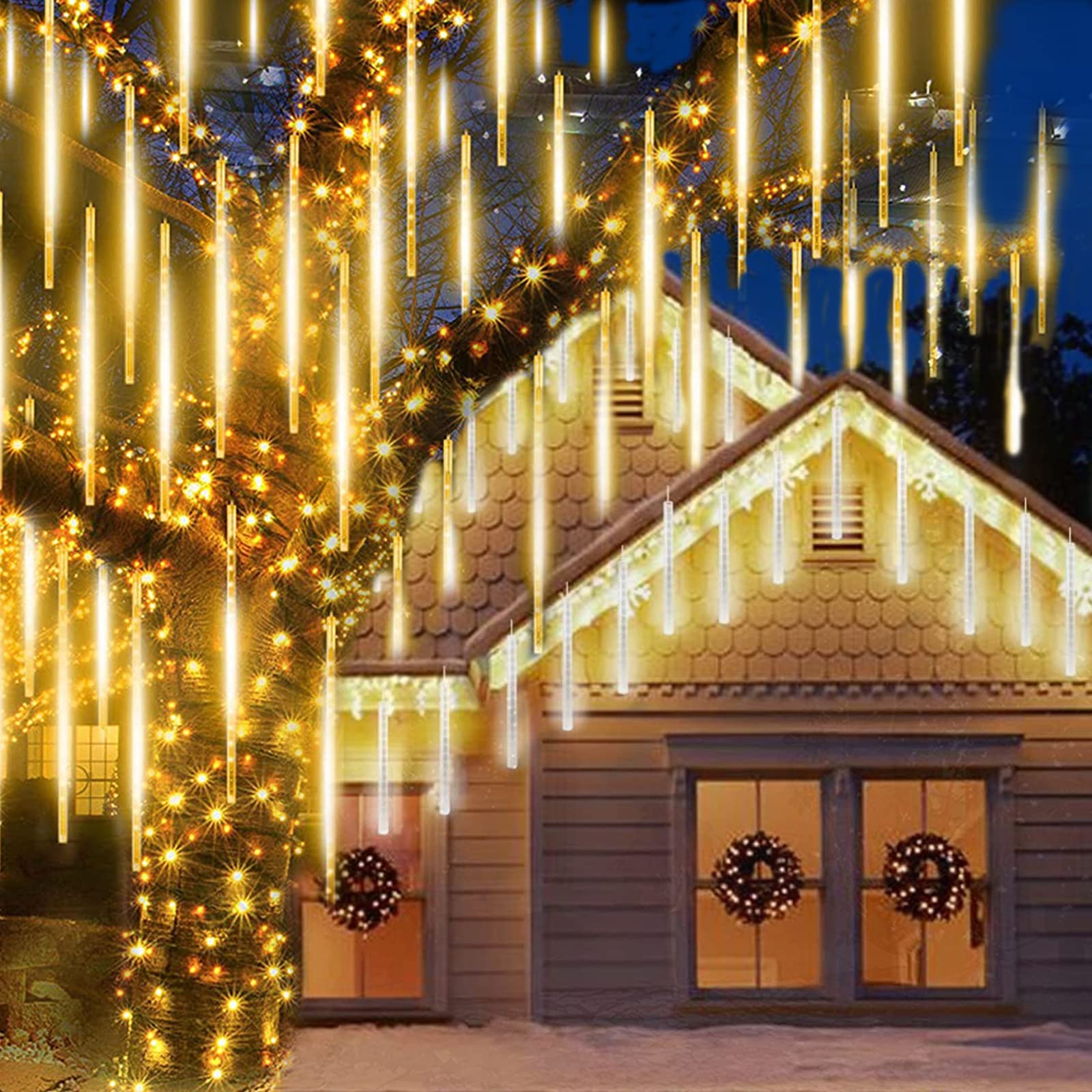 KINGCOO 360LED Meteor Shower Solar Lights Garden, Waterproof 30cm 10Tubes Falling Raindrop Cascading Icicle Decorative String Lights for Holiday Party Wedding Christmas Tree Decoration(Warm White) — image 1