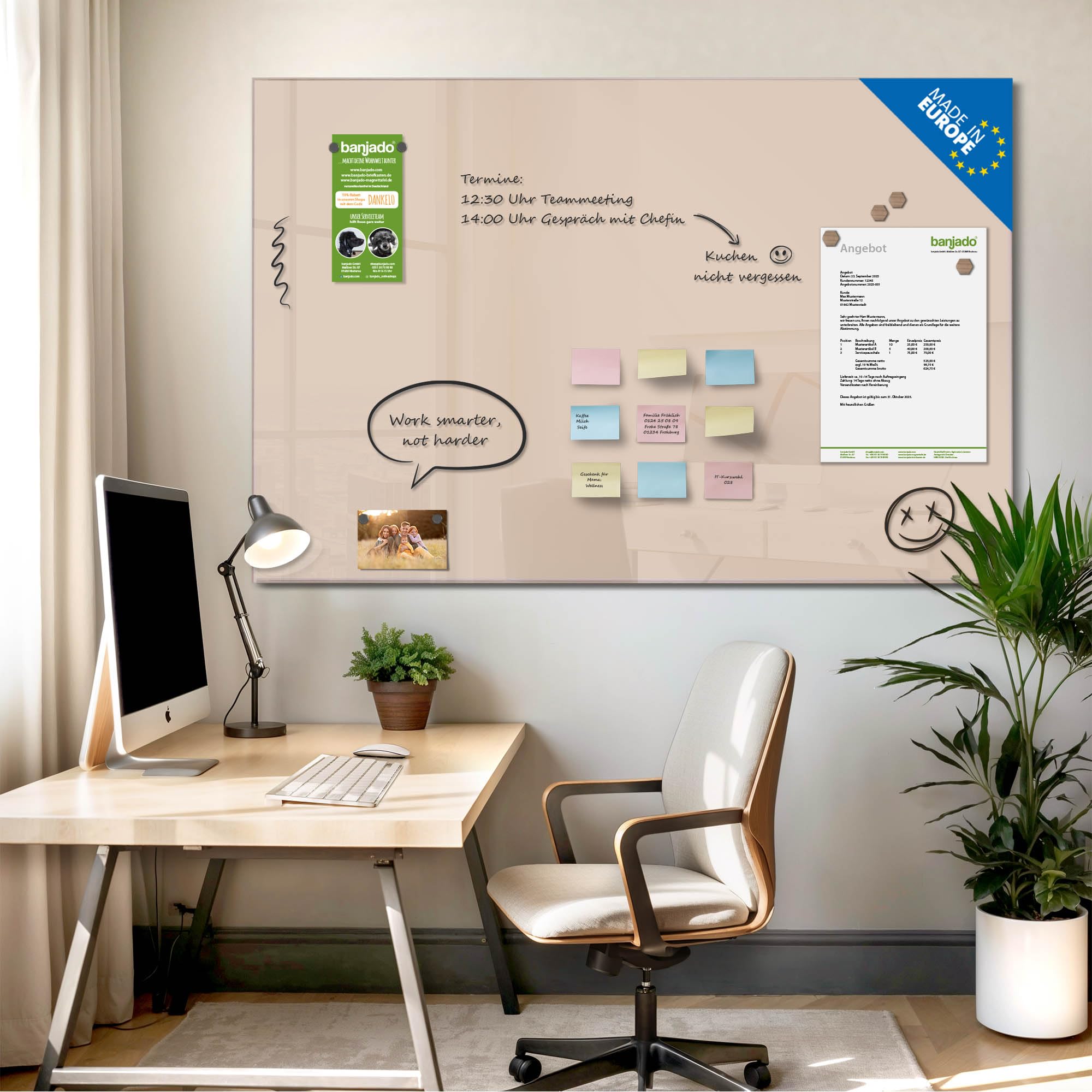 banjado Glas-Pinnwand in 120x80cm für Notizen und klare Farbgestaltung | Magnetisches Memoboard für Notizen, in der Farbe Taupe für ein ruhiges Raumkonzept