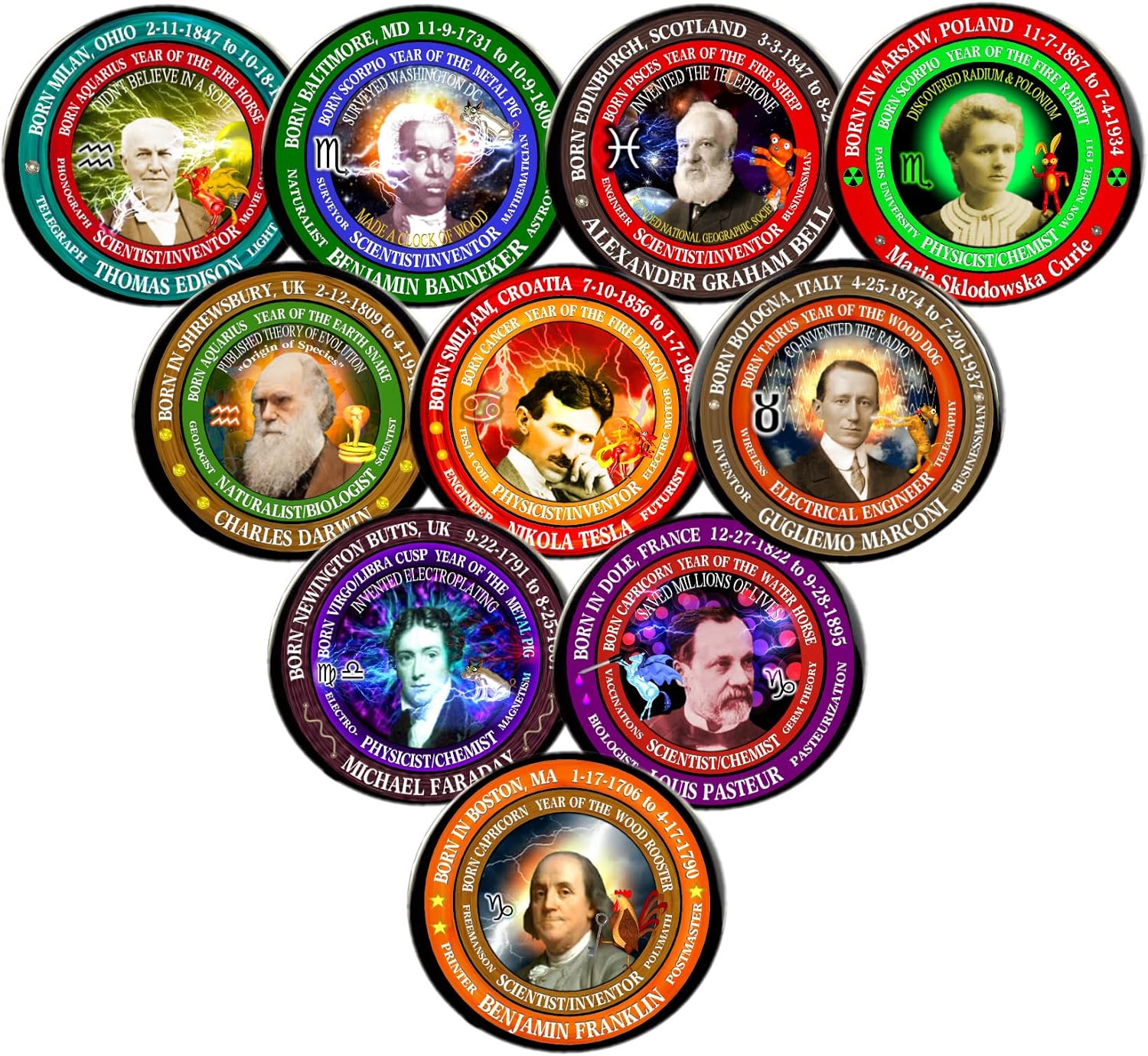 Pack-10 Valxart Heroes Scientist #1 Astrology + Chinese Zodiac Year (2.25", Magnet)