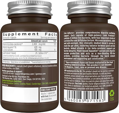 Miniatura 8 de Probióticos Live Cultures+ Lab4, Lactobacillus Acidophilus y Bifidobacterium, garantizados 25 mil millones de CFU, además de prebiótico no hinchable