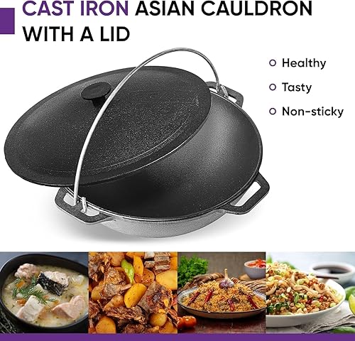 Miniatura 4 de Olla de horno holandés con tapa, caldero asiático de hierro fundido (Kazán) con tapa de hierro fundido para camping, wok kazan, olla de cocina