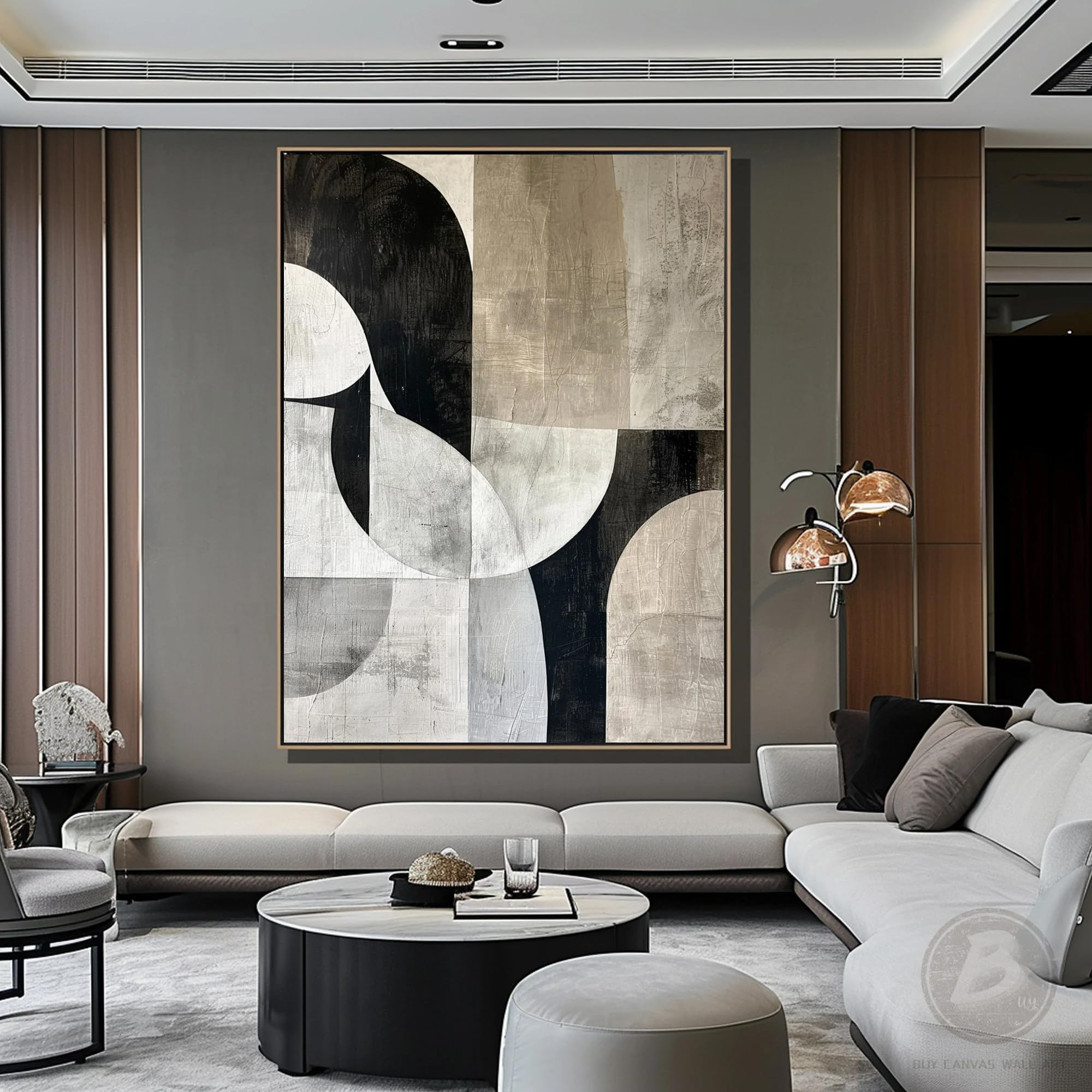 UUDEZO Cuadro al óleo geométrico abstracto en tonos beige, gran obra de arte para pared en tonos beige y negro, decoración neutra (90x110 cm (35x43 pulgadas)