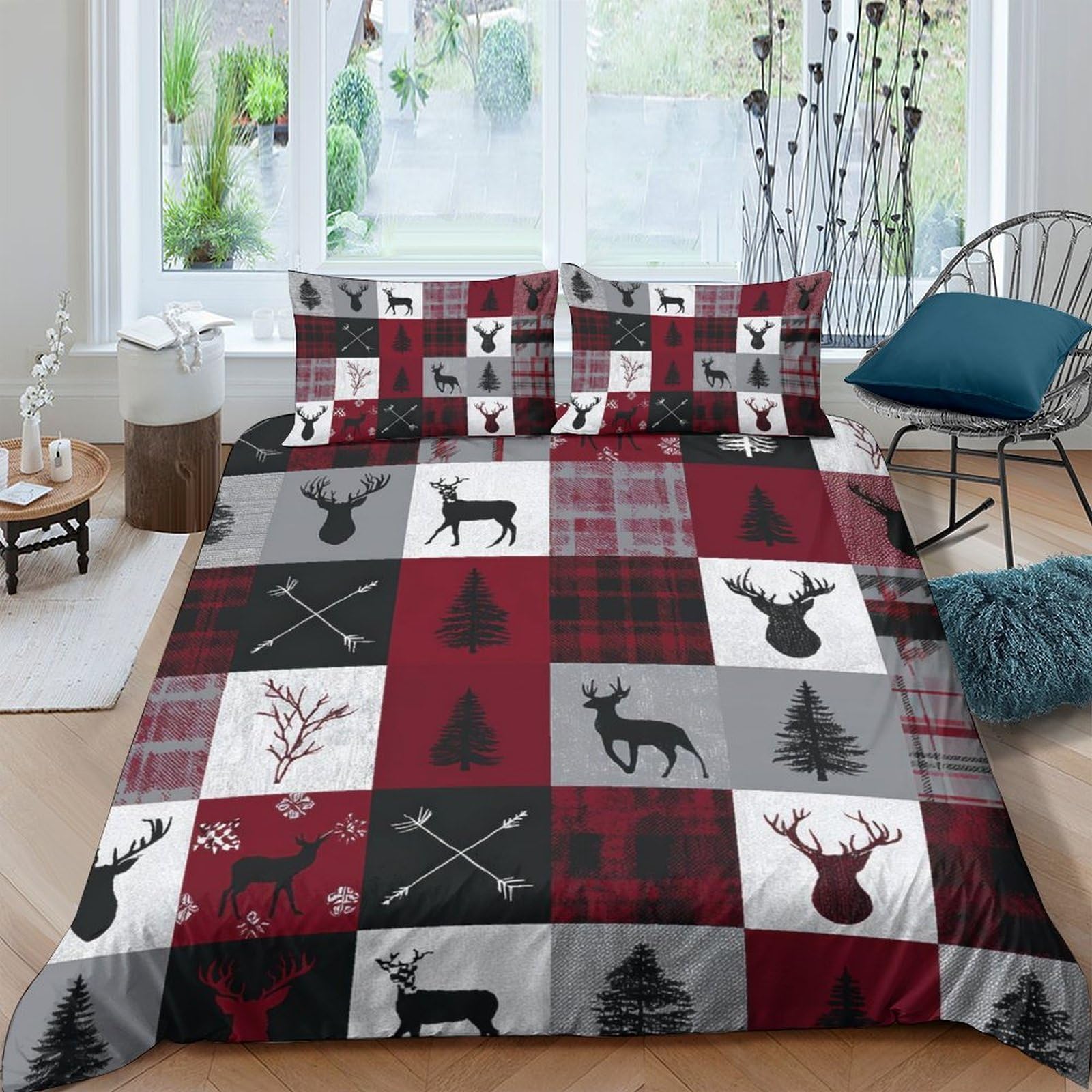 Ctjqhvkz Style-3 3D Printed Red Plaid Deer Fitted Sheet Microfiber Soft Breathable Forest Patchwork Mattress Cover For Bedroom Dorm Guest Room Single（135X200cm）