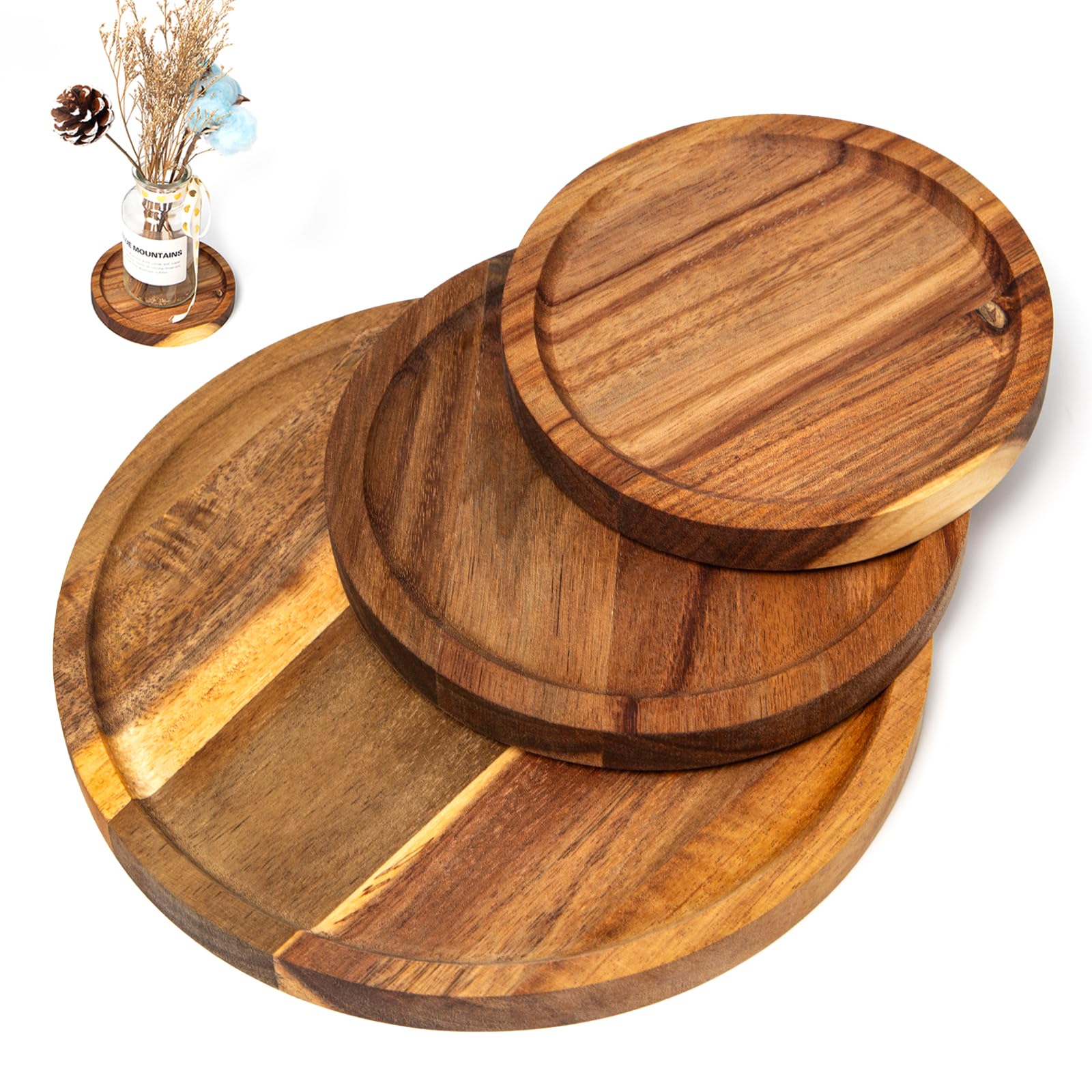 3 Piezas Bandeja de Madera Redonda Platos de Madera Acacia Bandeja | 13 × 13 cm, 15 × 15 cm, 20 × 20 cm, redondo, madera de acacia, vajilla, decoración, comedor, familia, regalo, tartas, café