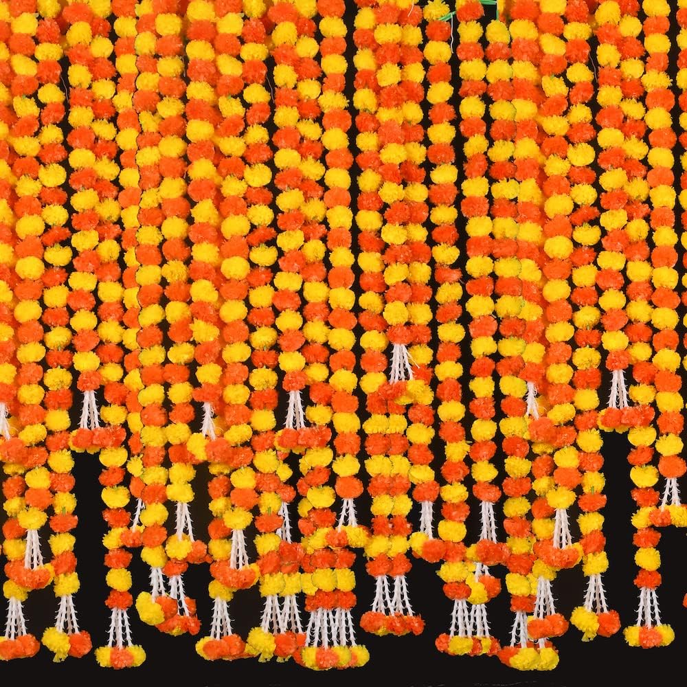 5 feet Marigold Garland |Indian/American Wedding Party Mantle Decoration, Faux Garlands Wedding Garland, Diwali Decoration, Spring Bush Floral! (Lemon Yellow & Dark Orange Mix, 5) Lemon Yellow & Dark Orange Mix 5