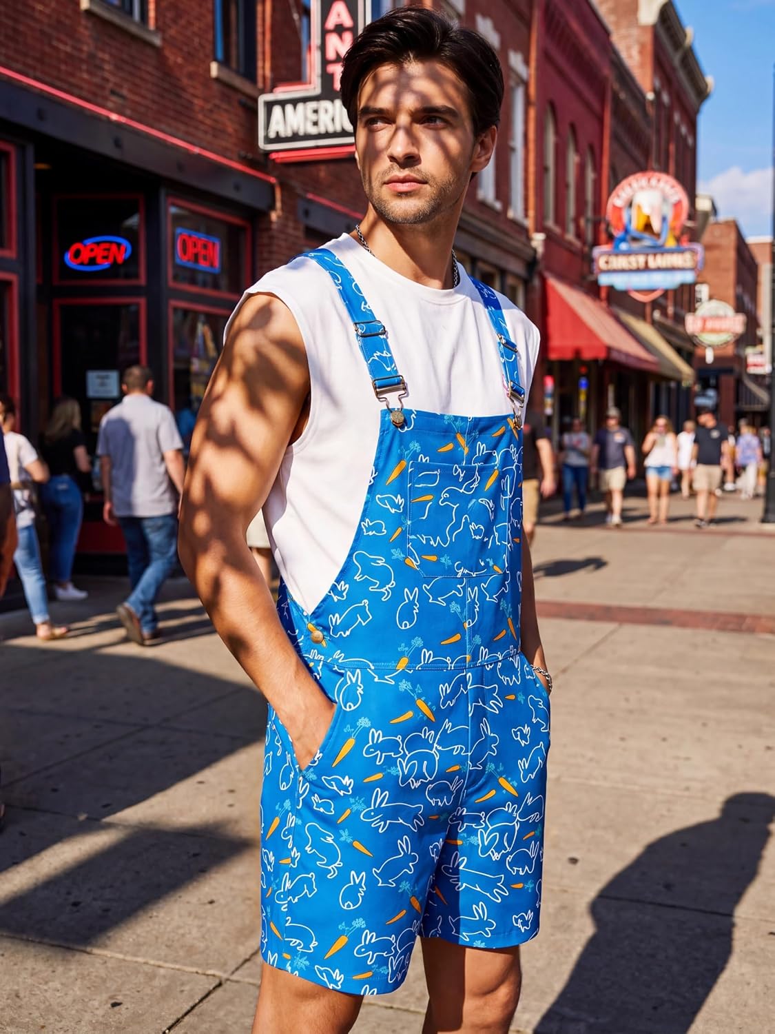 Unisex Printed Bib Overalls Short Jumpsuit Adjustable Breathable with Pockets Festival Outfit Summer Romper Men Women