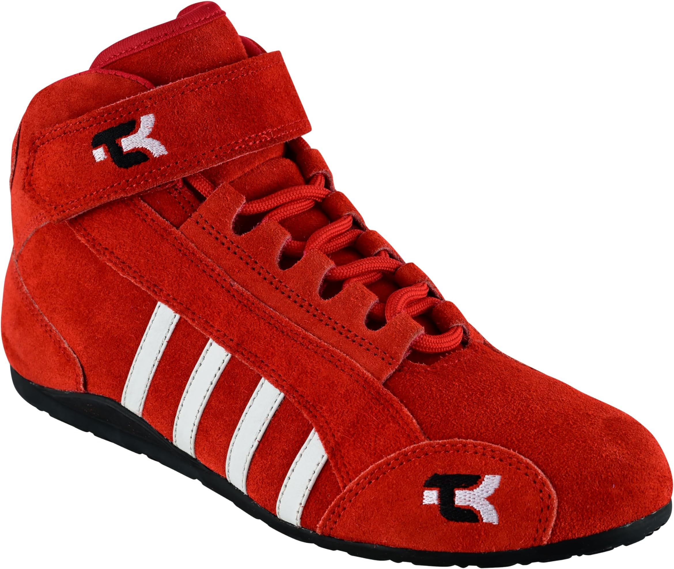 Karting Boots, High-Grip Sole, Medium Cut with Strap, Leather Go Kart Racing Shoes Black Red Blue