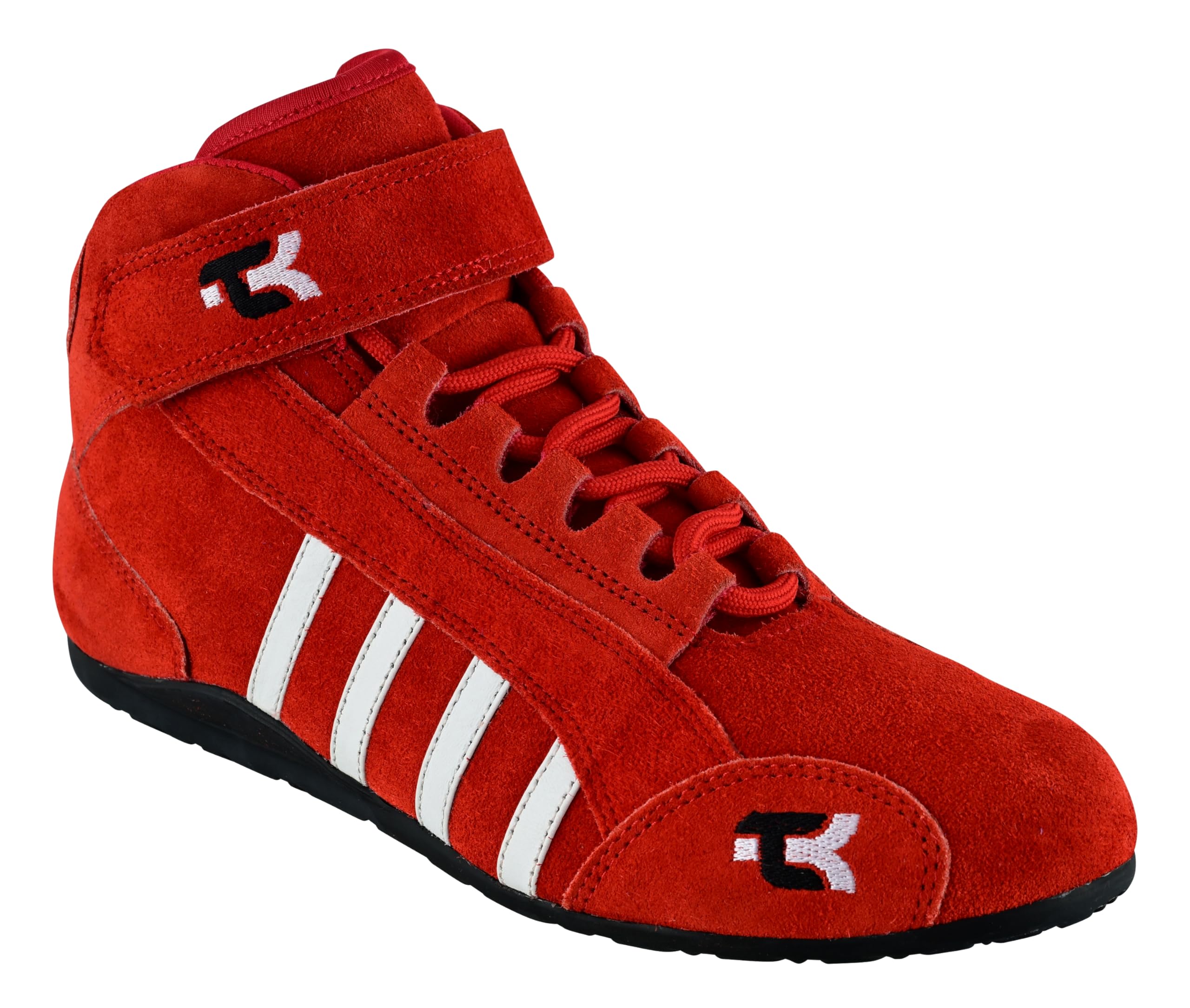 TK Karting Boots, High-Grip Sole, Medium Cut with Strap, Leather Go Kart Racing Shoes Black Red Blue