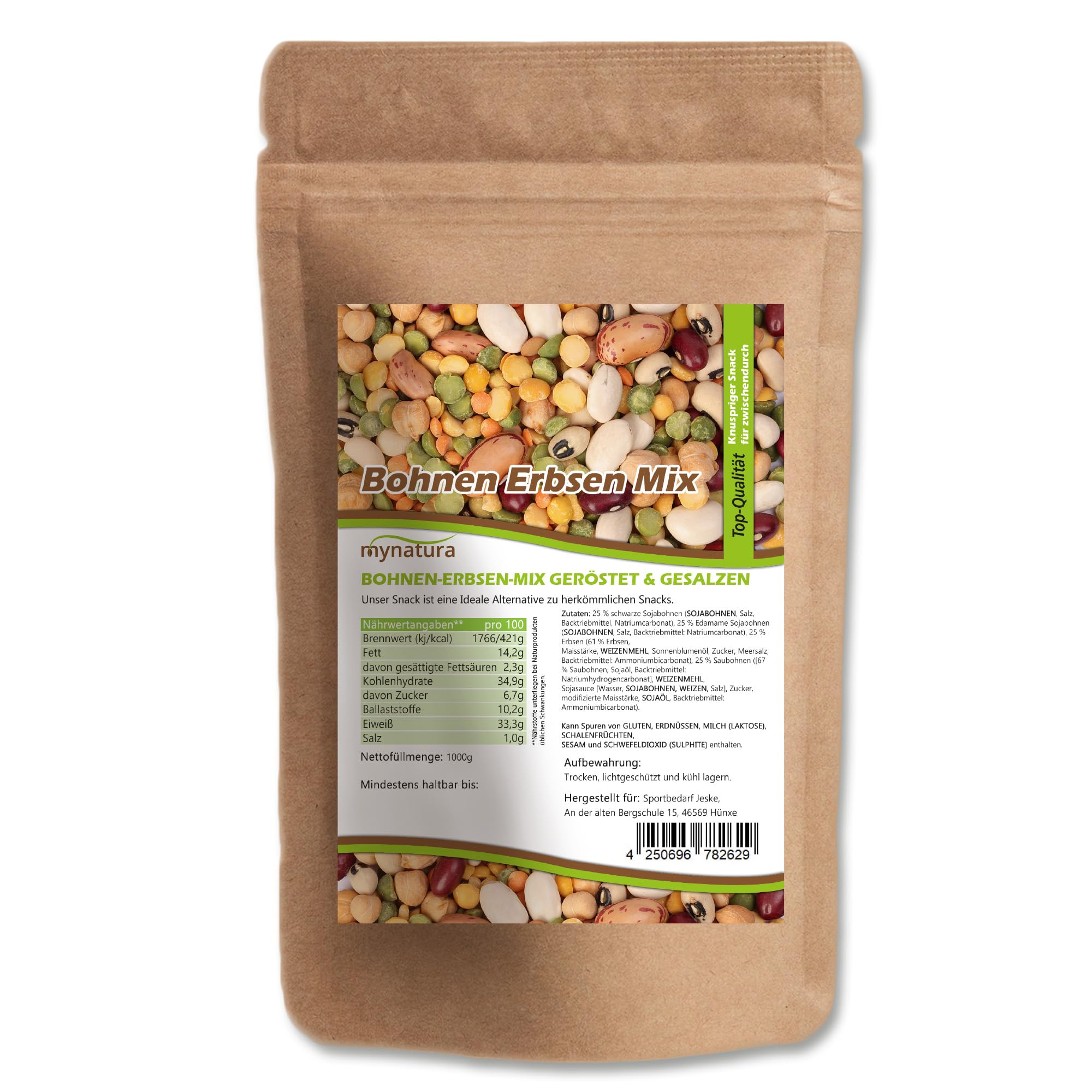 Mynatura Bohnen Erbsen Mix - geröstet und gesalzen | Snack | Geröstete Bohnen | Edamamebohnen | Saubohnen | Knusprig | Knabbern aus dem Beutel (1000g)