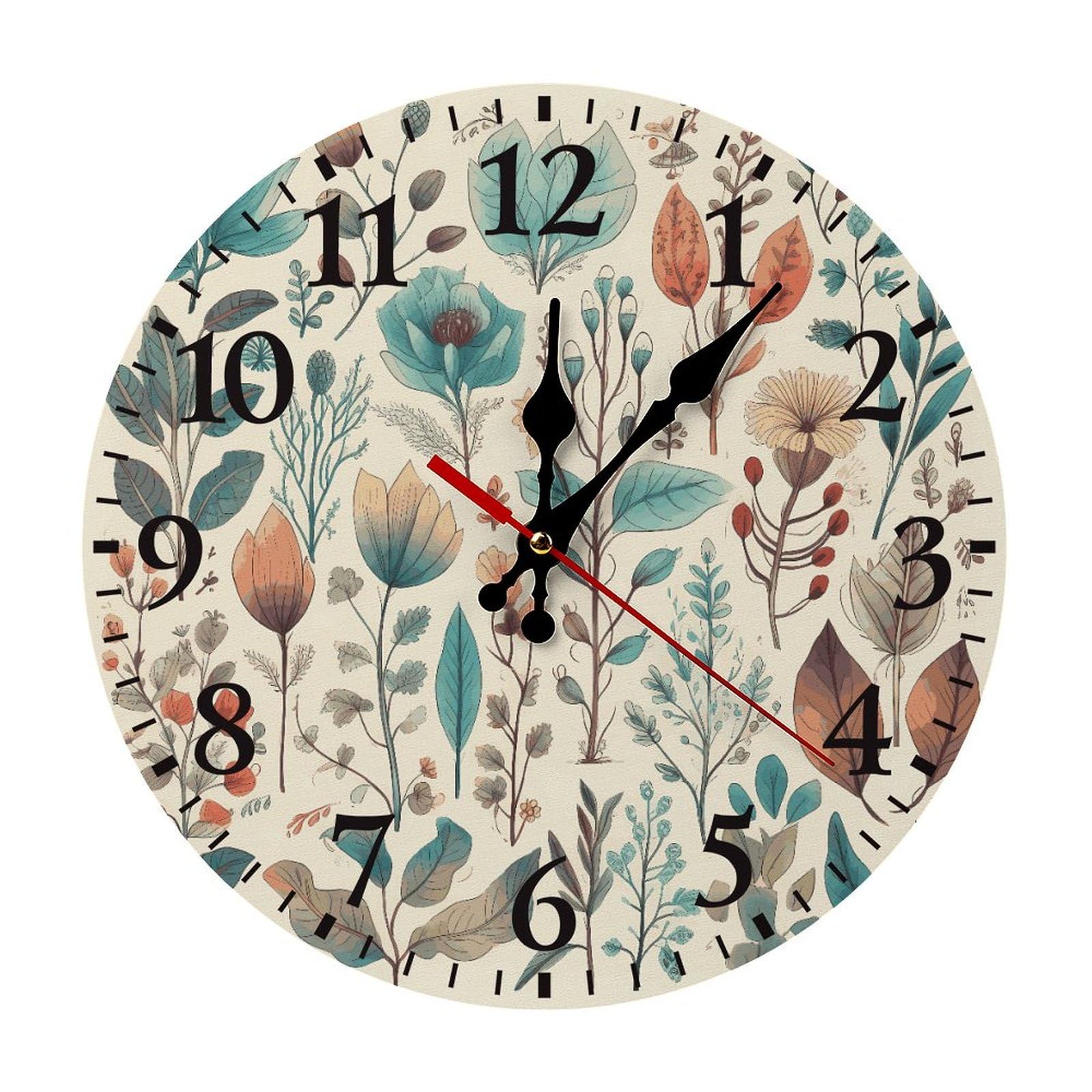 QMNLKH Flowers and Leaves Wall Clock for Home, Battery Operated Clock for Hotel, Round Wall Clock with Arabic Numerals Black, Easy to Read, Non-Ticking Clocks for Living Room 25 * 25cm