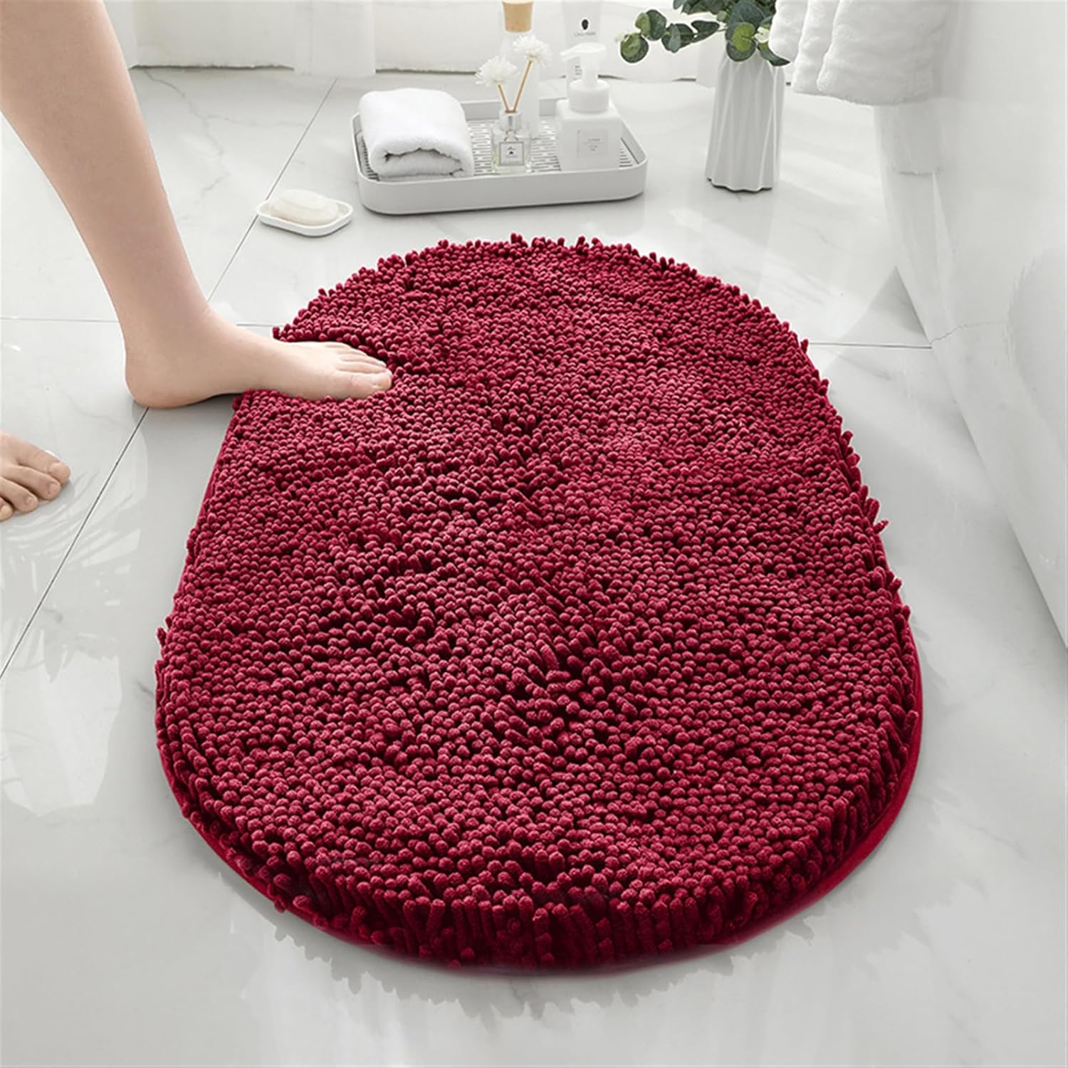 Reyox Chenille Oval Bathroom Rug, Non Slip Water Absorbent Bath Mat, Washable Bath Rugs for Bathroom Floor Bathtub Lake Blue 1.6 x 2.6 Feet