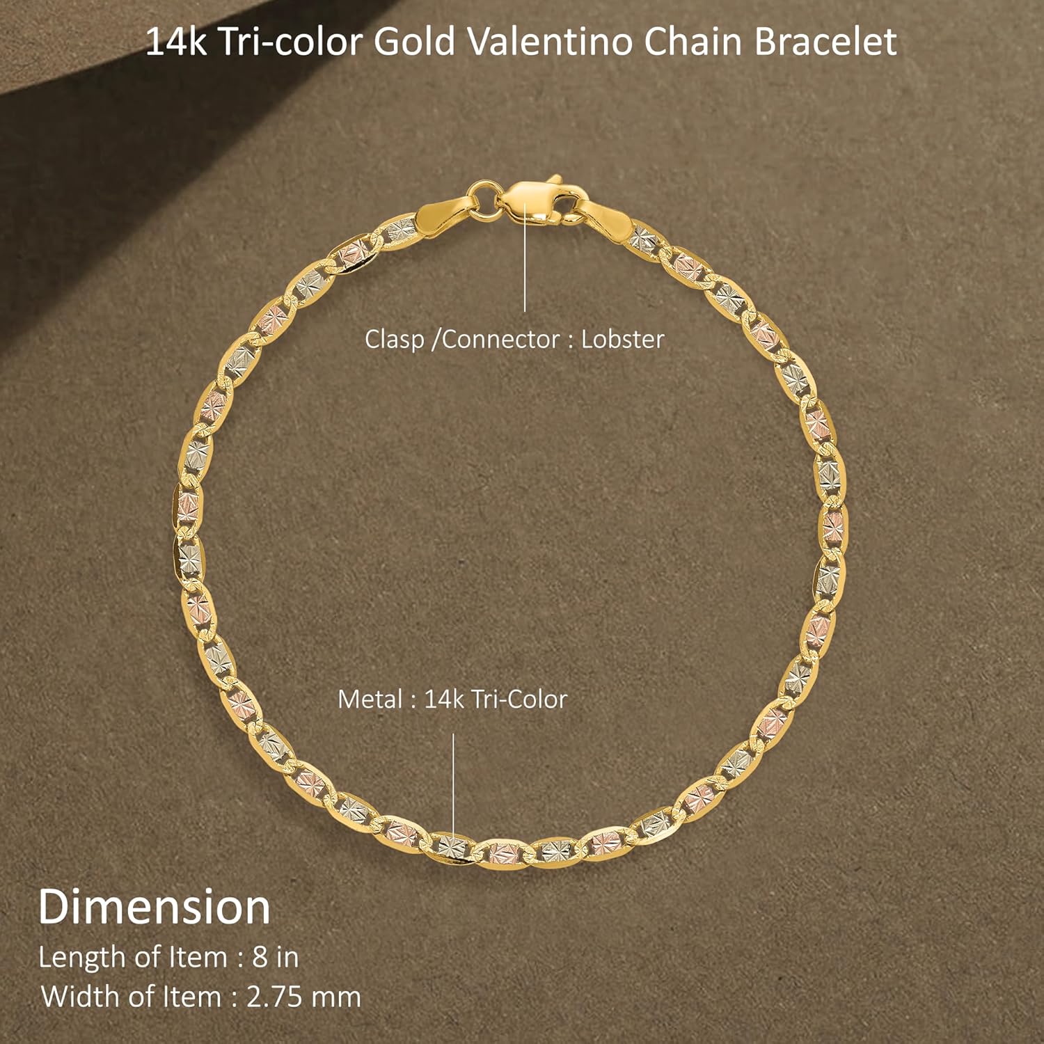 Diamond2Deal 14k 2.75mm Tri-color Gold Valentino Chain Bracelet