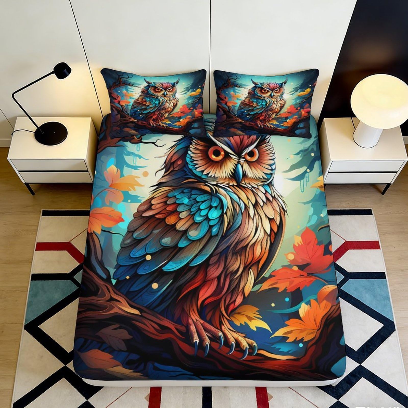 Artistic Owl 3D Printed Fitted Sheet, Microfiber Soft Touch, Autumn Motif Bed Cover, Wrinkle Resistant, Home Decor, Guest Room Bedding, Easy Care, Anti-slip 120x200x25cm