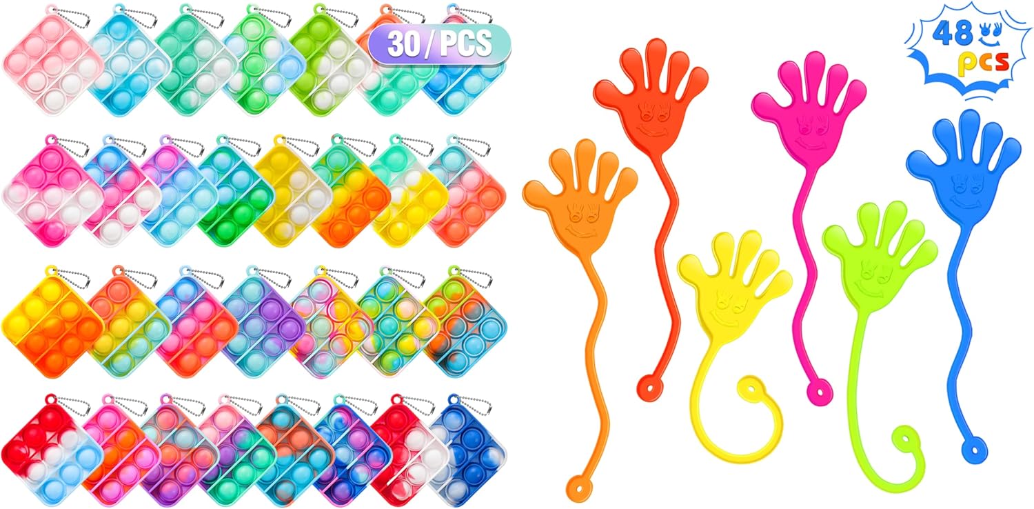 30 PCS Mini Pop Keychain Fidget Toys & 48 PCS Sticky Hands Bulk