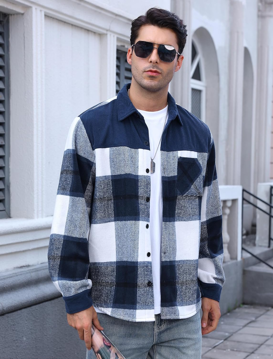 ODIZLI Flannel Jacket for Men Long Sleeve Button Down Plaid Shirt Tartan Shacket Regular Fit - Image 3