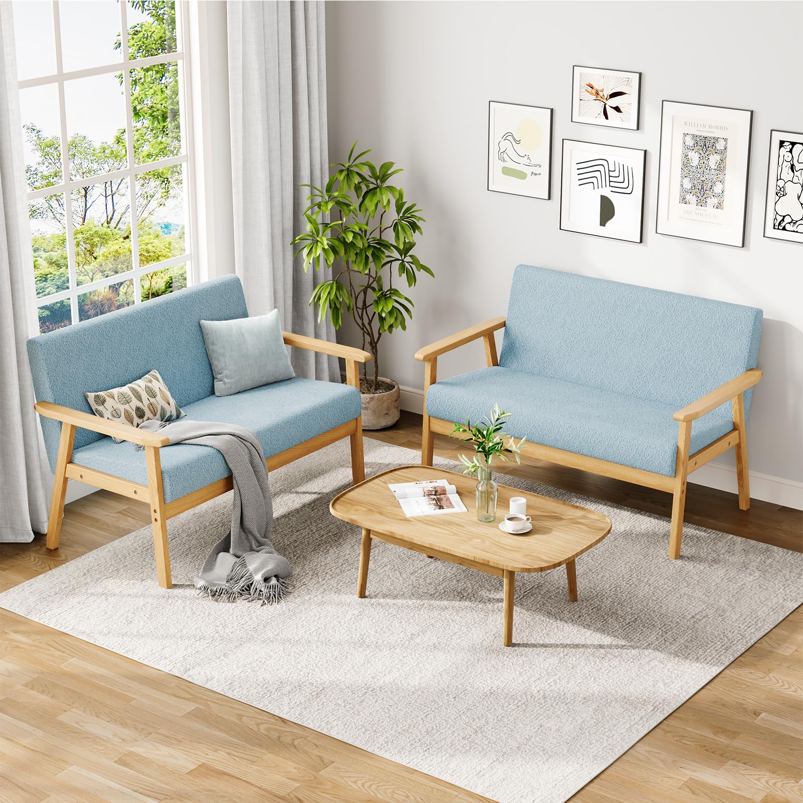Dripex Divano a 2 posti, con cornice in legno, piccolo divano lounge da 2 pezzi, moderno e scandinavo, in velluto Teddy, per soggiorno, camera da letto, ufficio, Azzurro