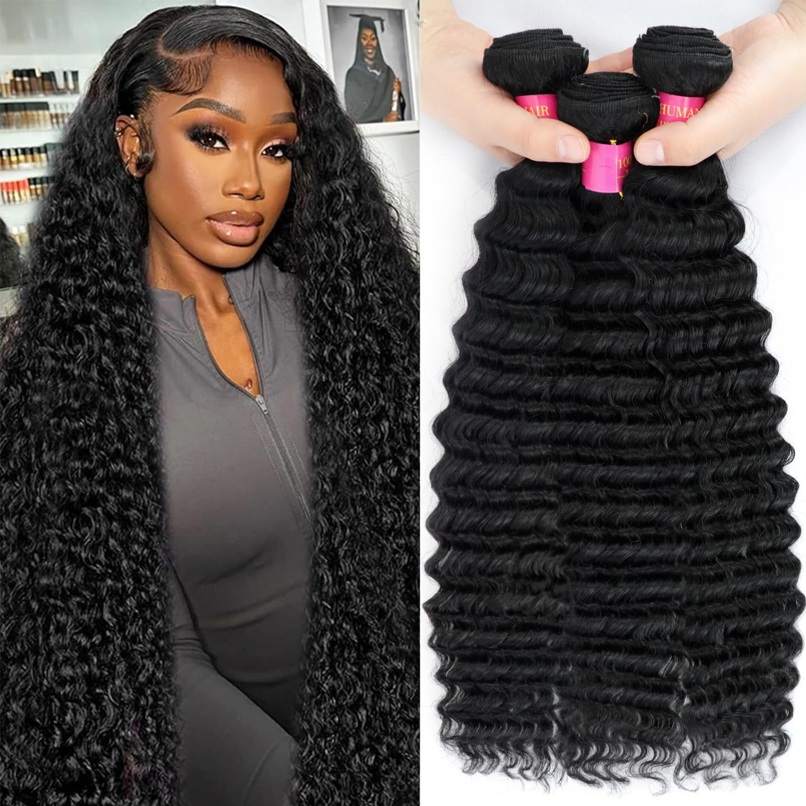 Deep Wave Human Hair Bundles 26 28 30 Inch Deep Wave Bundles Deep Curly Human Hair 3 Bundle s Unprocessed Brazilian Virgin Wet And Wavy Weave 12A Human Hair Extensions