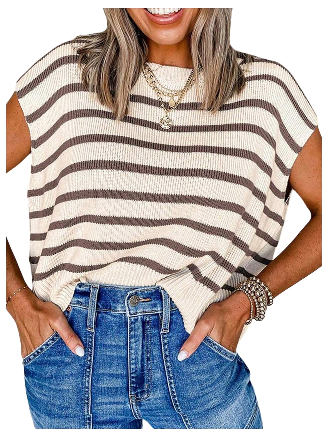 SHENHE Womens Plus Size Cap Sleeve Sweater Striped Crew Neck Lightweight Knit Vest Pullover