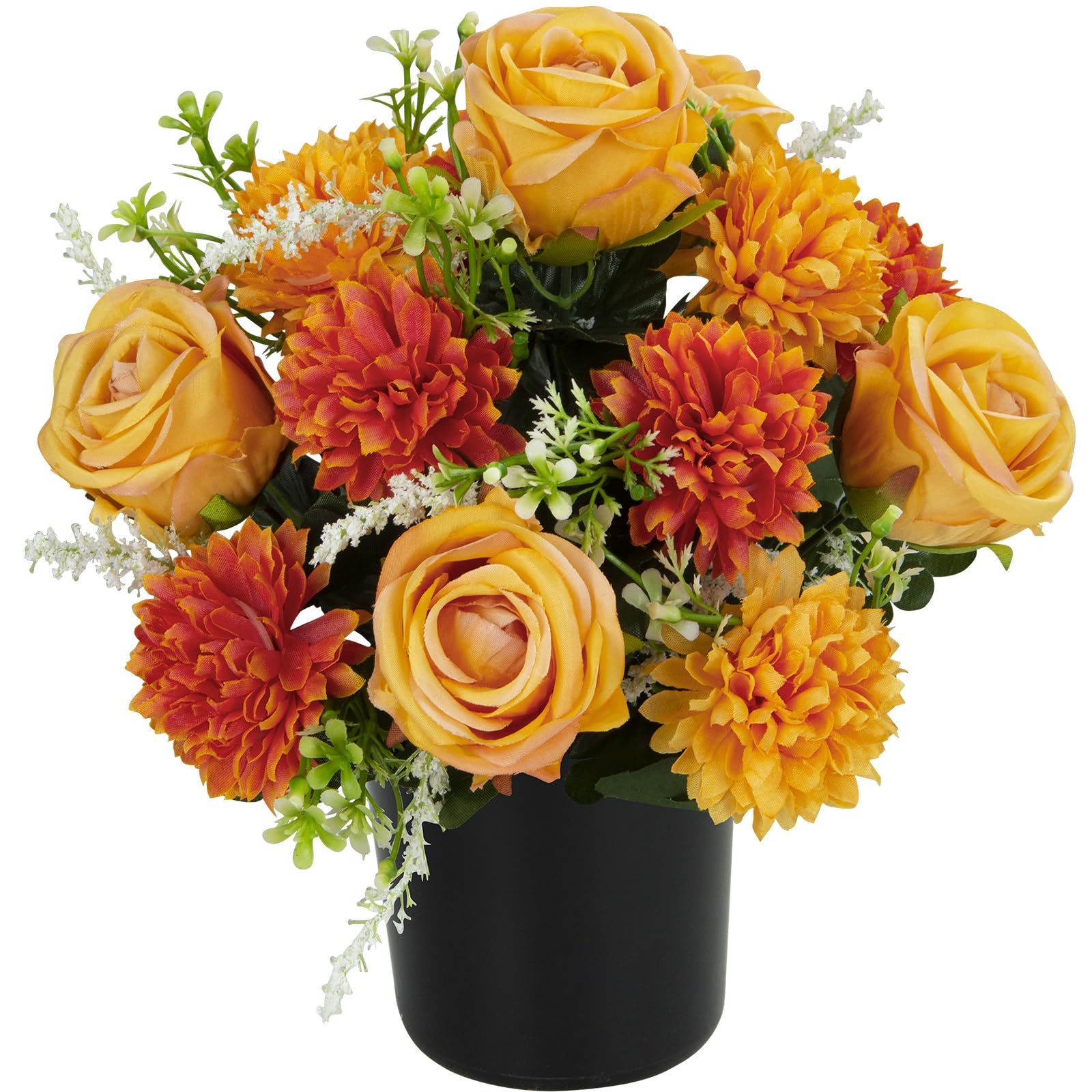 SIFOEL Artificial Grave Flowers for Cemetery, Artificial Chrysanthemums & Rose, Memorial Decorative Funeral Flower in pot for Grave Graveside Outdoor Indoor Decoration (1pc, Orange)