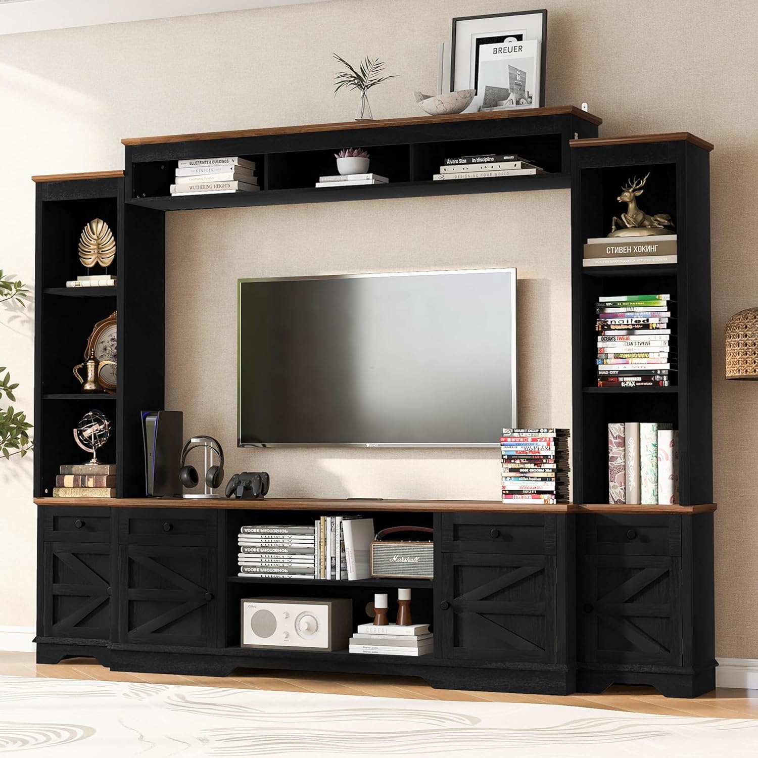 Wall Unit TV Stand with Bookshelf, Modern Entertainment Center for TVs up to 80", 98.8" W Large Media Console with Adjustable Shelves and Cabinets, for Living Room, Black+Walnut