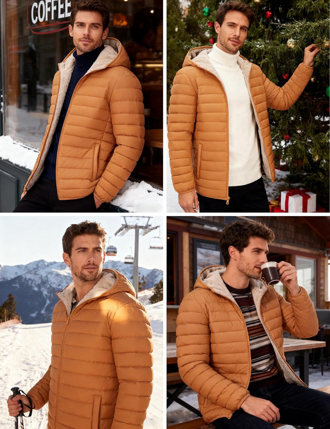 Cotrasen Mens Puffer Jacket Sherpa Lined Water Resistant Hooded Full Zip Mid-Weight Warm Insulated Winter Coat