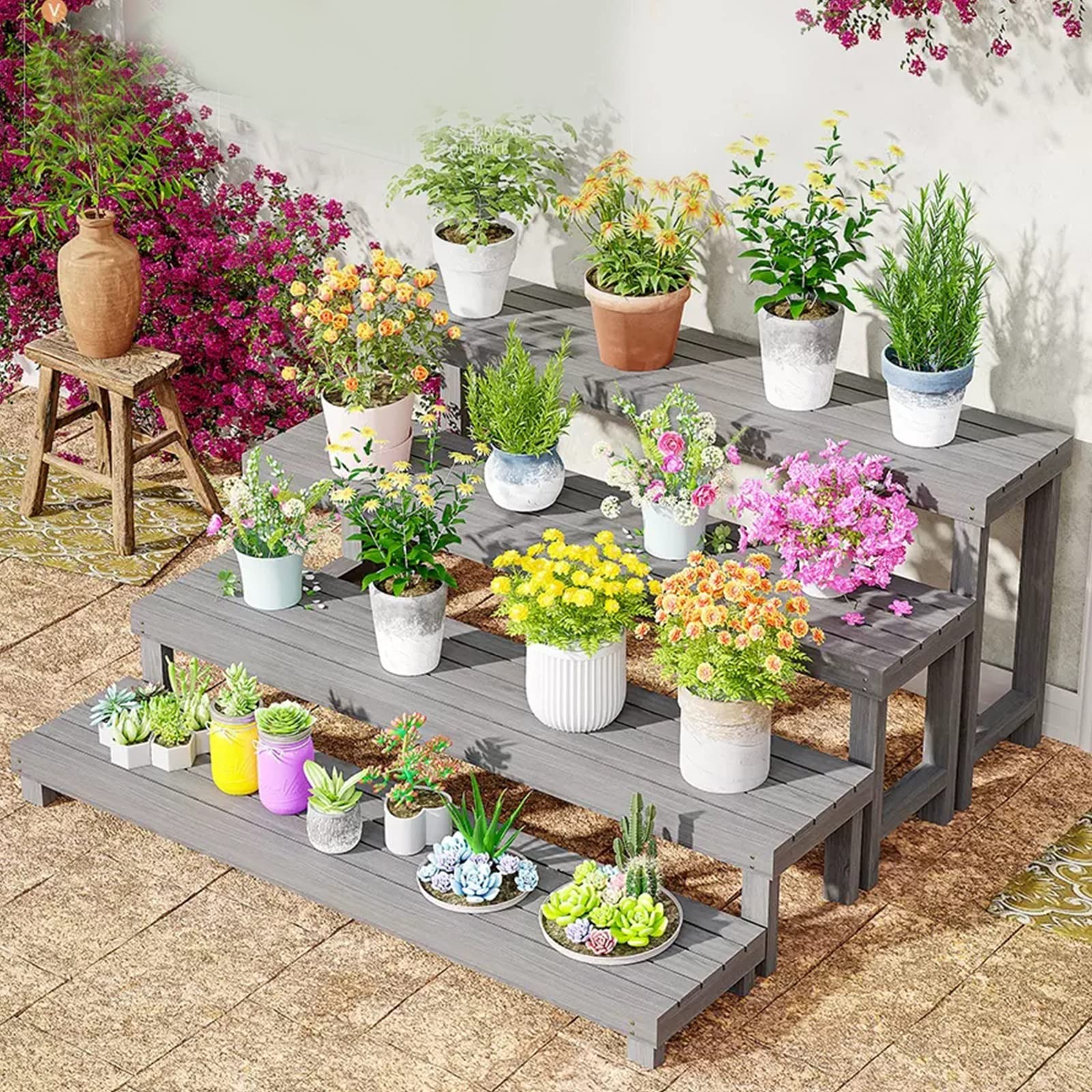 Balkonblumenständer Terrassenblumentopfständer Sukkulentenständer Grauer Blumenständer Gartenregal Dekorativer Holzständer (S : 60x25x12cm)