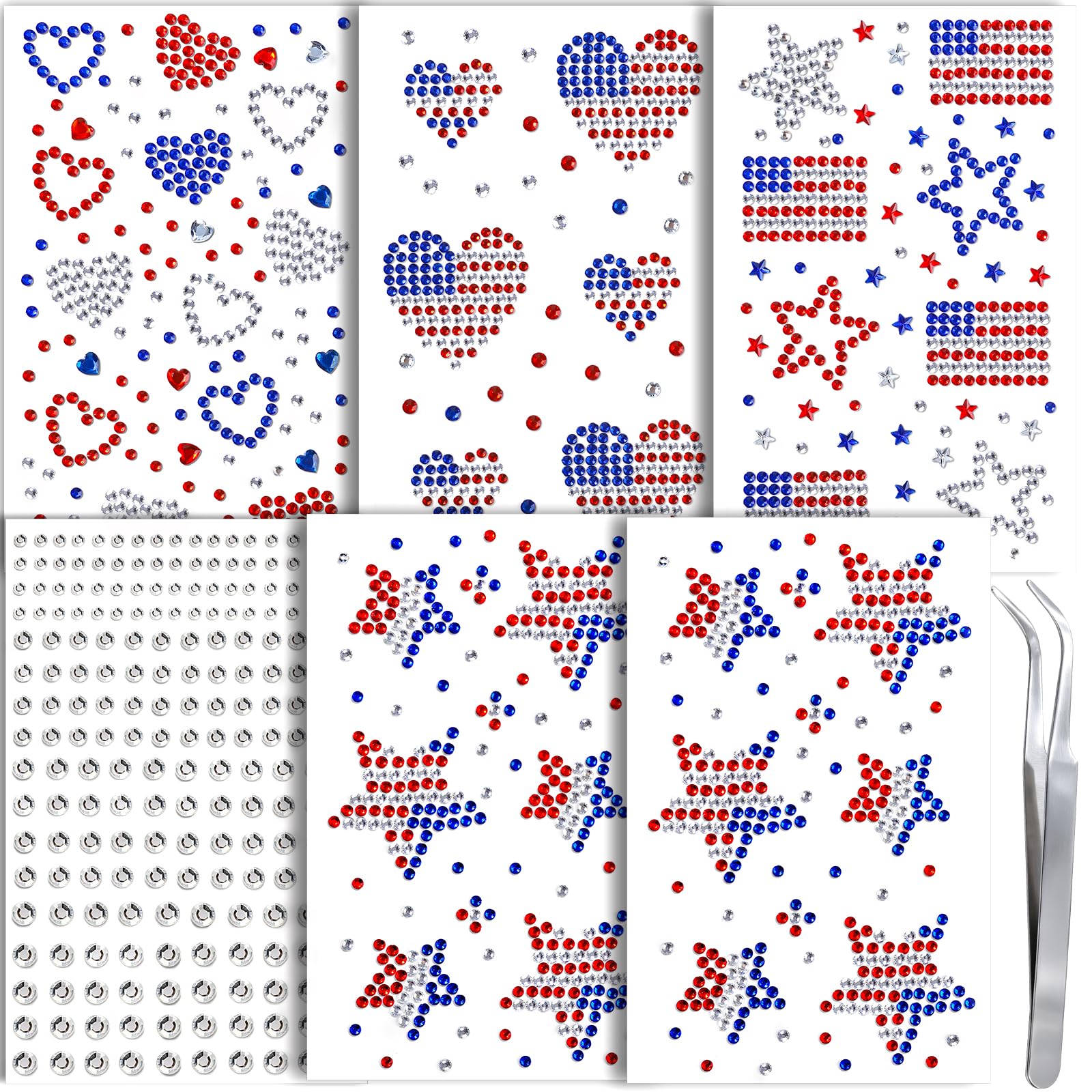 Teenitor 6Pcs Gem Stickers Face Gems, 4th of July Face Gems Face Jewel Rhinestones for Women, Fourth of July Accessories Face Stickers for Women Gem Stickers
