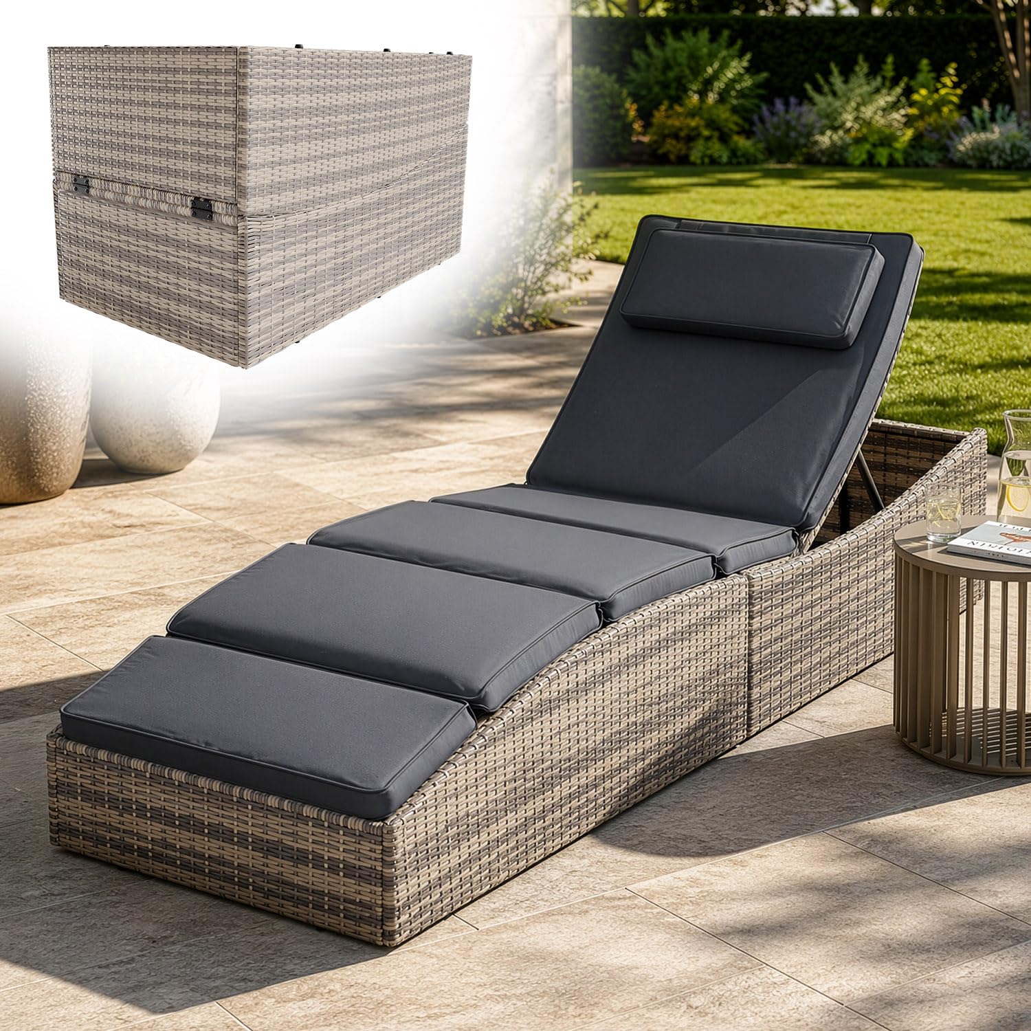 Juskys Sonnenliege Lamia klappbar - Polyrattan Gartenliege mit Auflage, Kopfteil verstellbar, 160 kg belastbar - Garten Balkon Outdoor Liege Grau