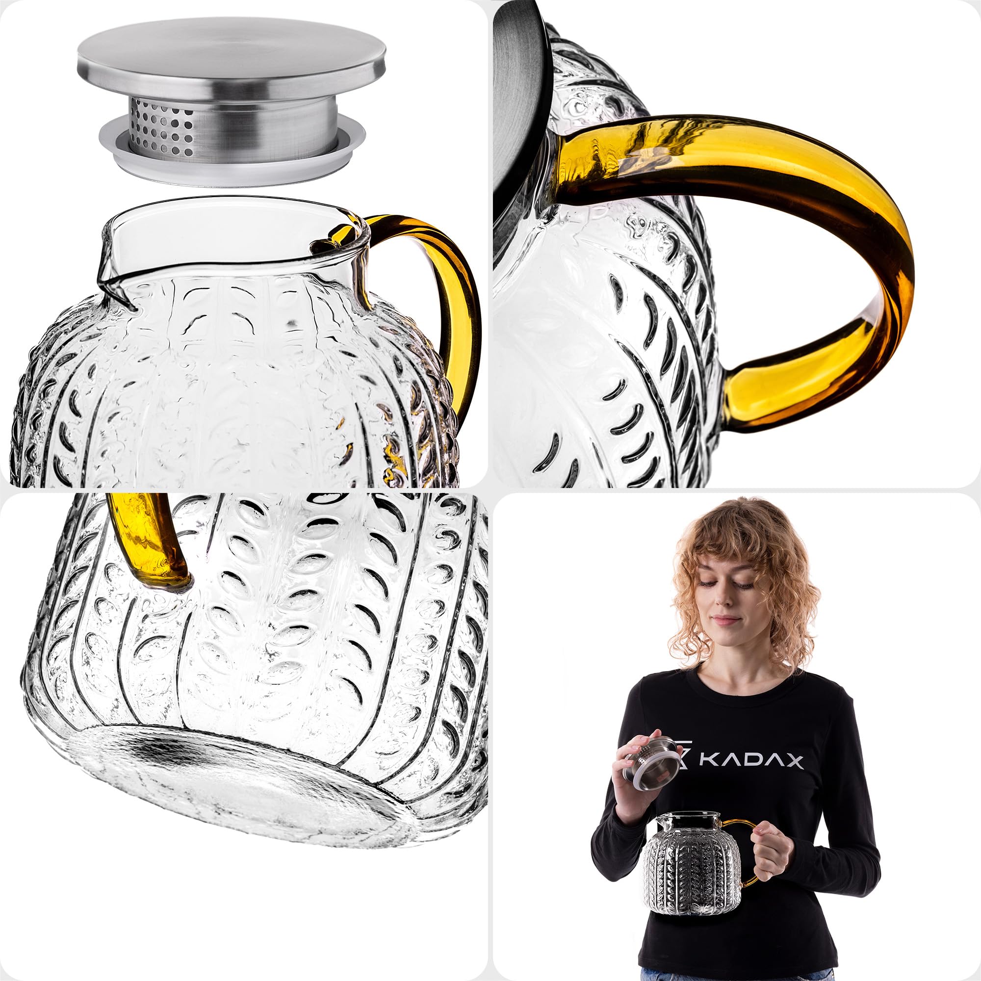 KADAX Teiera 1,3 litri in vetro borosilicato, caraffa in vetro resistente al calore con coperchio in acciaio inox e filtro integrato, teiera in vetro, caraffa in vetro
