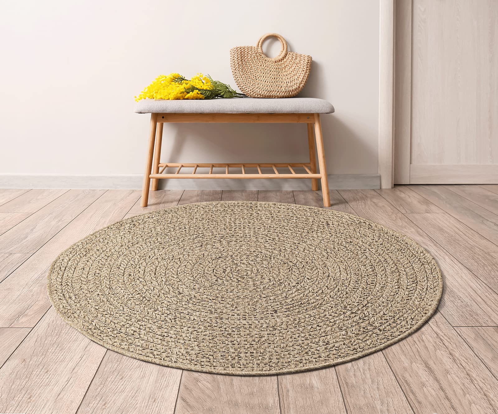 Mia's Teppiche Soil – Alfombra impermeable para interior y exterior con aspecto de yute natural, resistente a la intemperie, adecuada para terraza y jardín, aprox. 160 cm, redonda