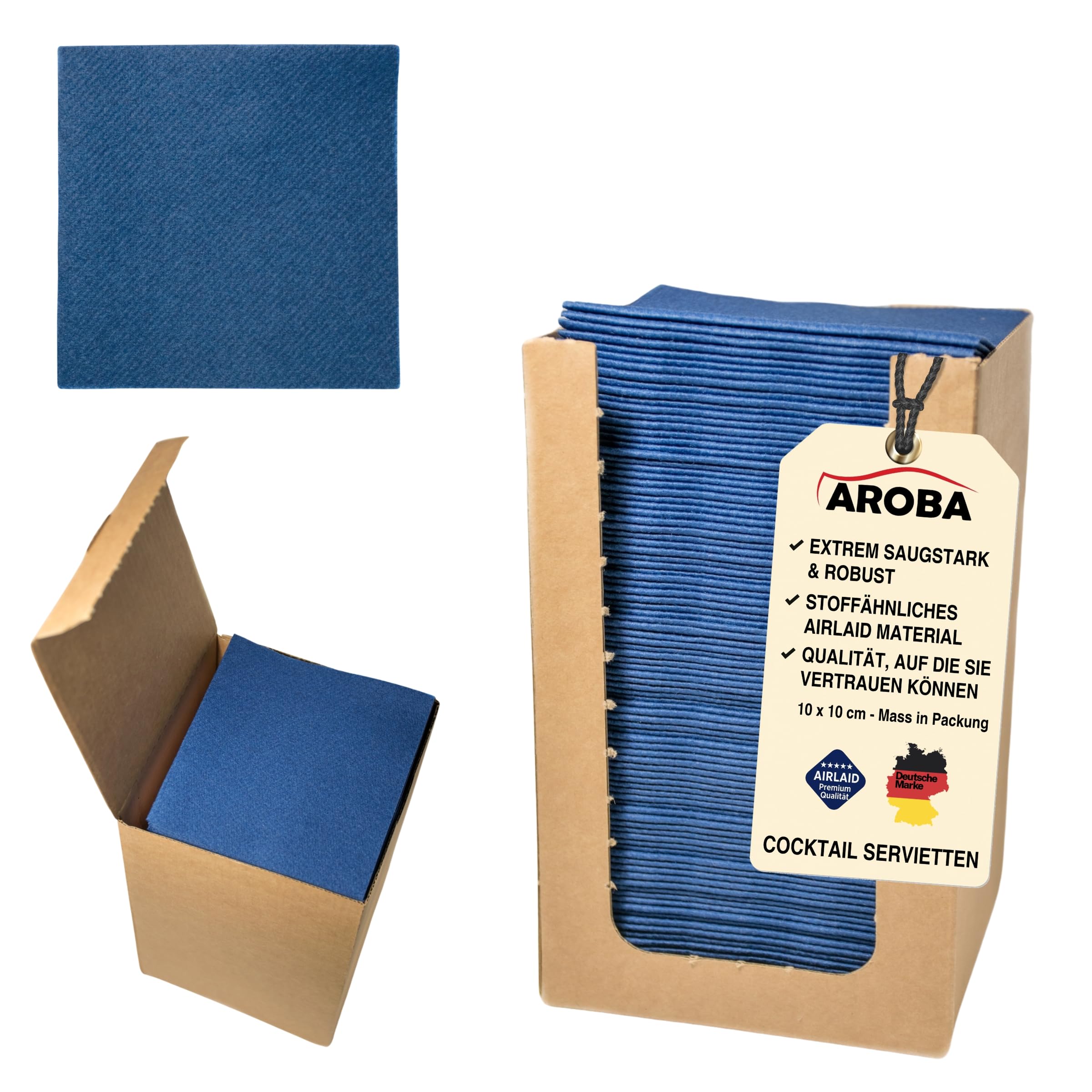 Aroba Airlaid 1000 Servilletas de cóctel similares a la tela, 20 x 20 cm, pliegue 1/4, alta calidad, 21 colores, boda, cumpleaños, bar, café, discoteca, hotel, catering, fiesta, azul