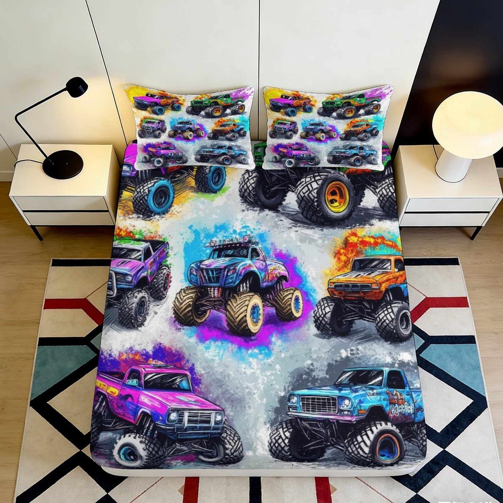 3D Printed Monster Truck Fitted Sheet Microfiber Soft Breathable Racing Car Bed Cover for Bedroom Guest Room Decor 90x200x25cm