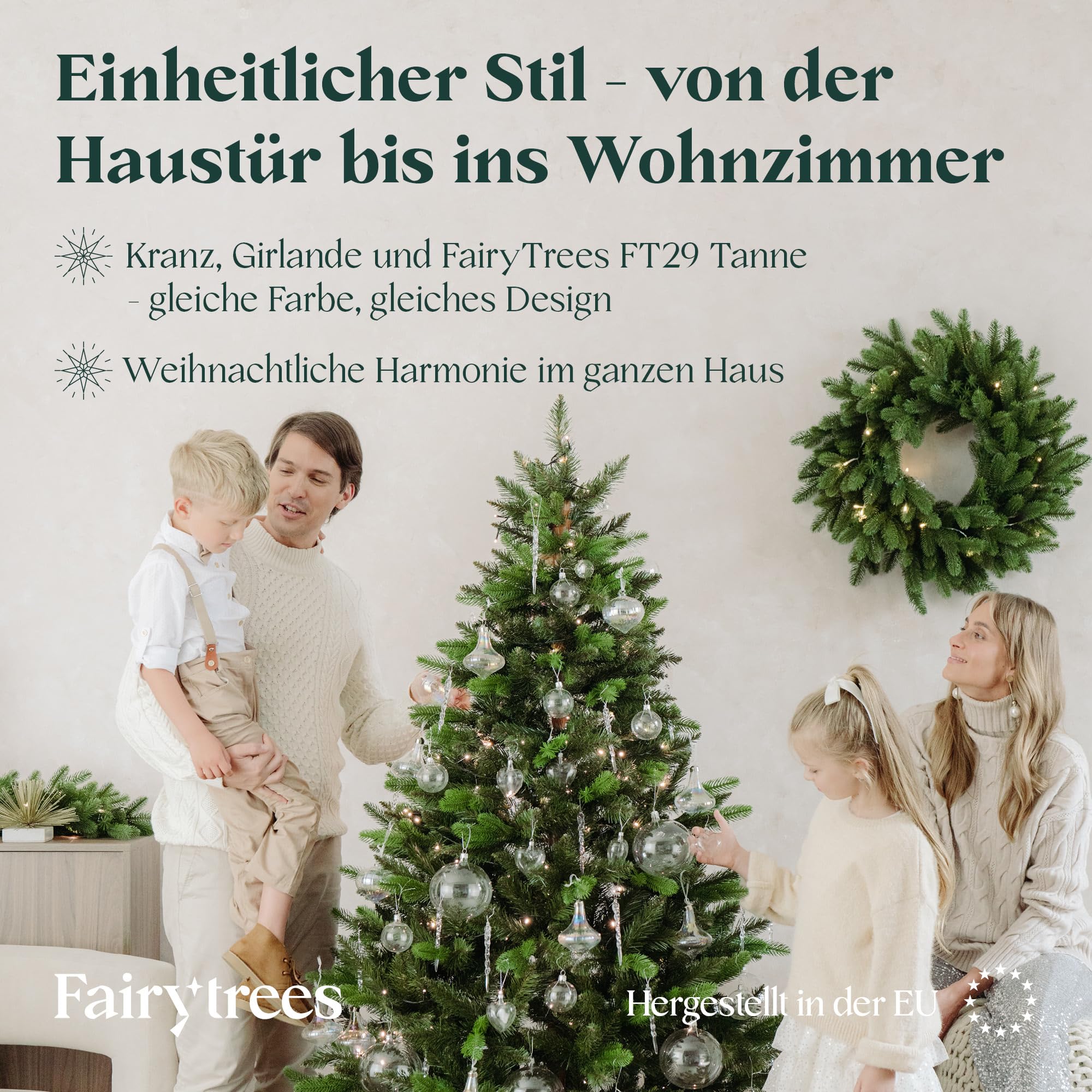 FairyTrees Weihnachtskranz grün 55 cm Premium aus 100% Spritzguss | Hängender Adventskranz für Haustür, Fenster, Wand | Weihnachtskranz zum Aufhängen, künstlicher Adventskranz, Türkranz Weihnachten