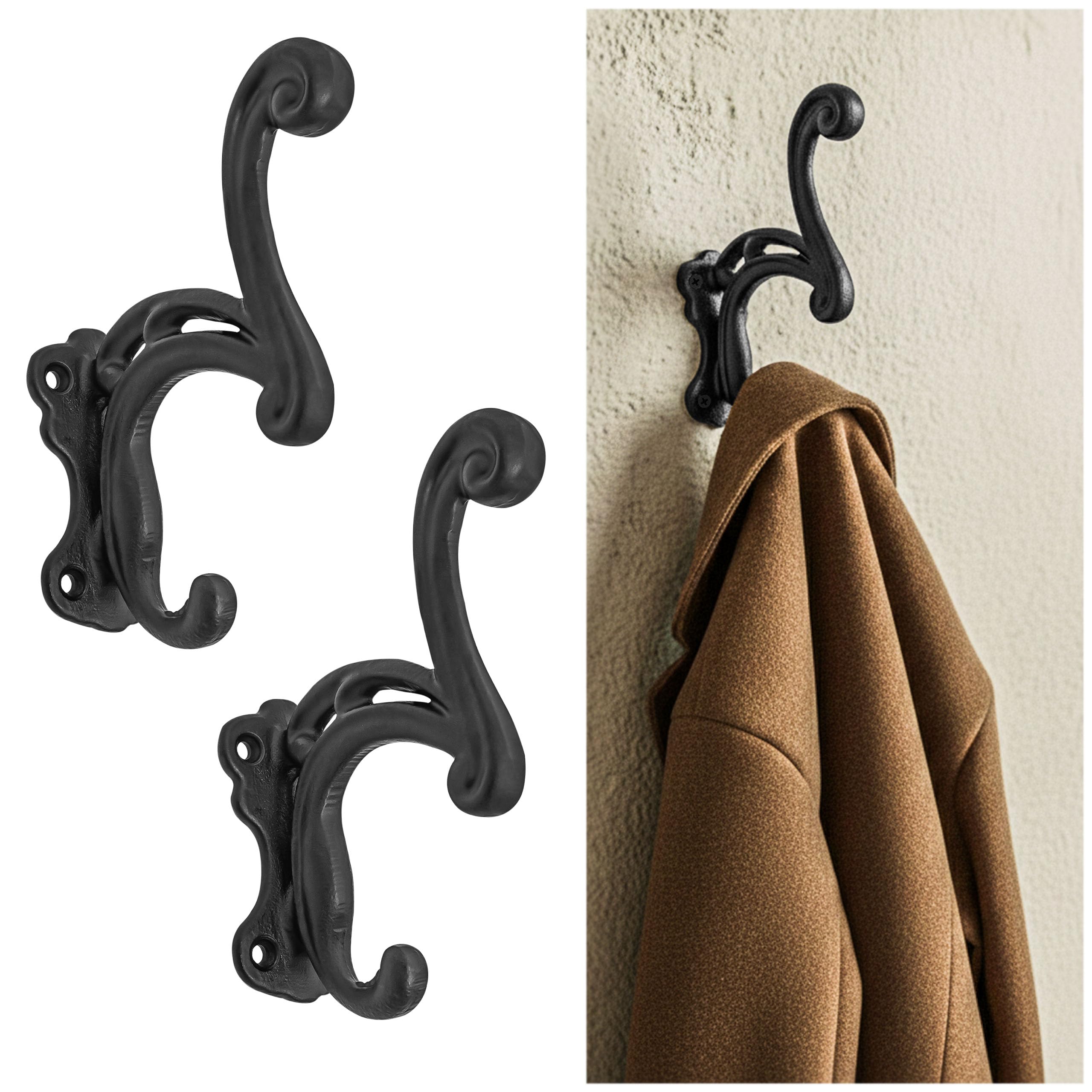 SaKeGa Mystic Colonial Rustic Cast Iron Wall Hooks – Heavy Duty Vintage Utility Hooks for Hanging Coat, Bag, Towel, Robe, Hat & More – Decorative Wall