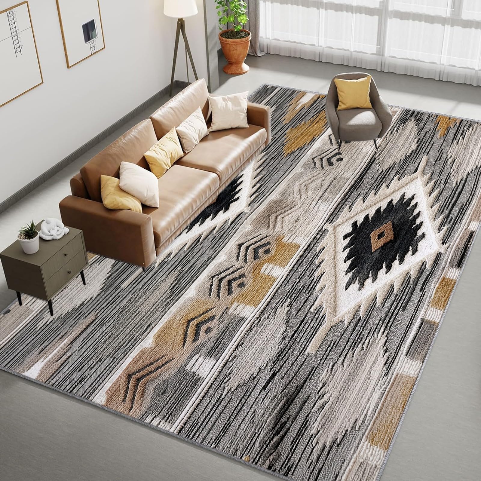 Tapis Chambre Texture Géométrique Aztèque Ethnique 80x150 cm Tapis de Salon Style Moderne Tapis Salon Doux à Poils Courts Tapis Antidérapant Intérieur Moelleux pour Salon Chambre