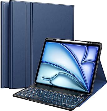 MoKo for iPad Air 13 Inch Case with Keyboard M4 2026/ M3 2025/M2 2024, iPad Pro 12.9 inch 5th/6th Gen Case with 7 Colors Backlit, Pencil Holder, Multi-Angle Detachable Bluetooth Keyboard,Navy Blue