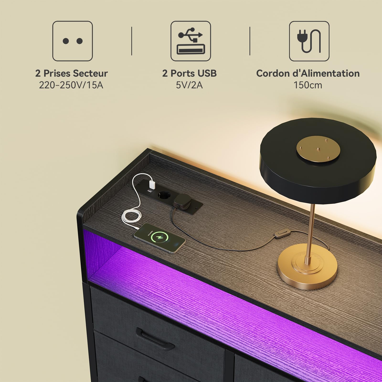 ODK Commode Chambre Adulte, Armoire de Commode avec 2 Prises de Courant, 2 USB et 10 Bandes LED de Couleur, avec 9 Tiroirs en Tissu pour Chambre à Coucher Salon, 130 * 30 * 97cm, Noir